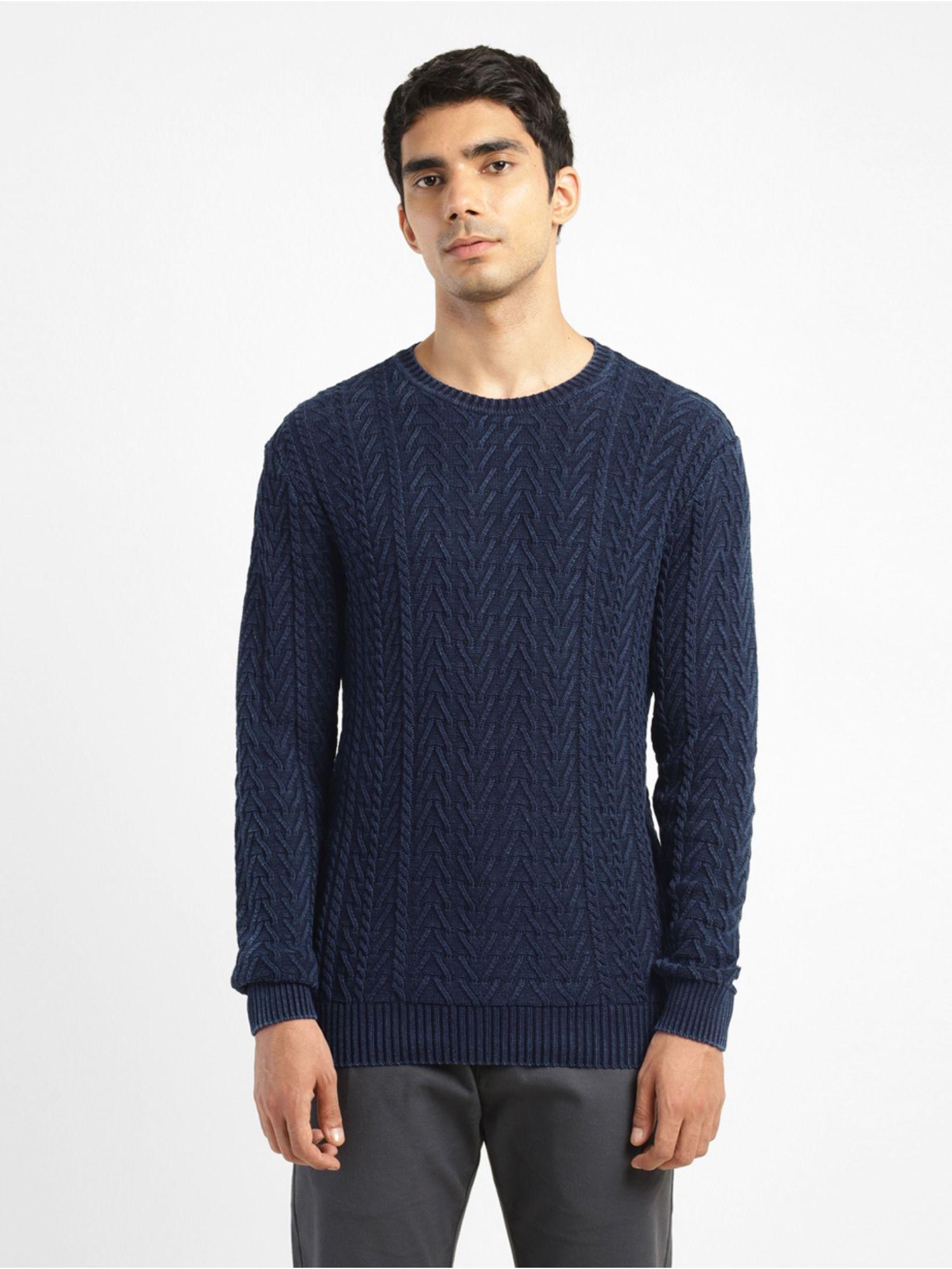 men's-textured-navy-blue-crew-neck-sweater