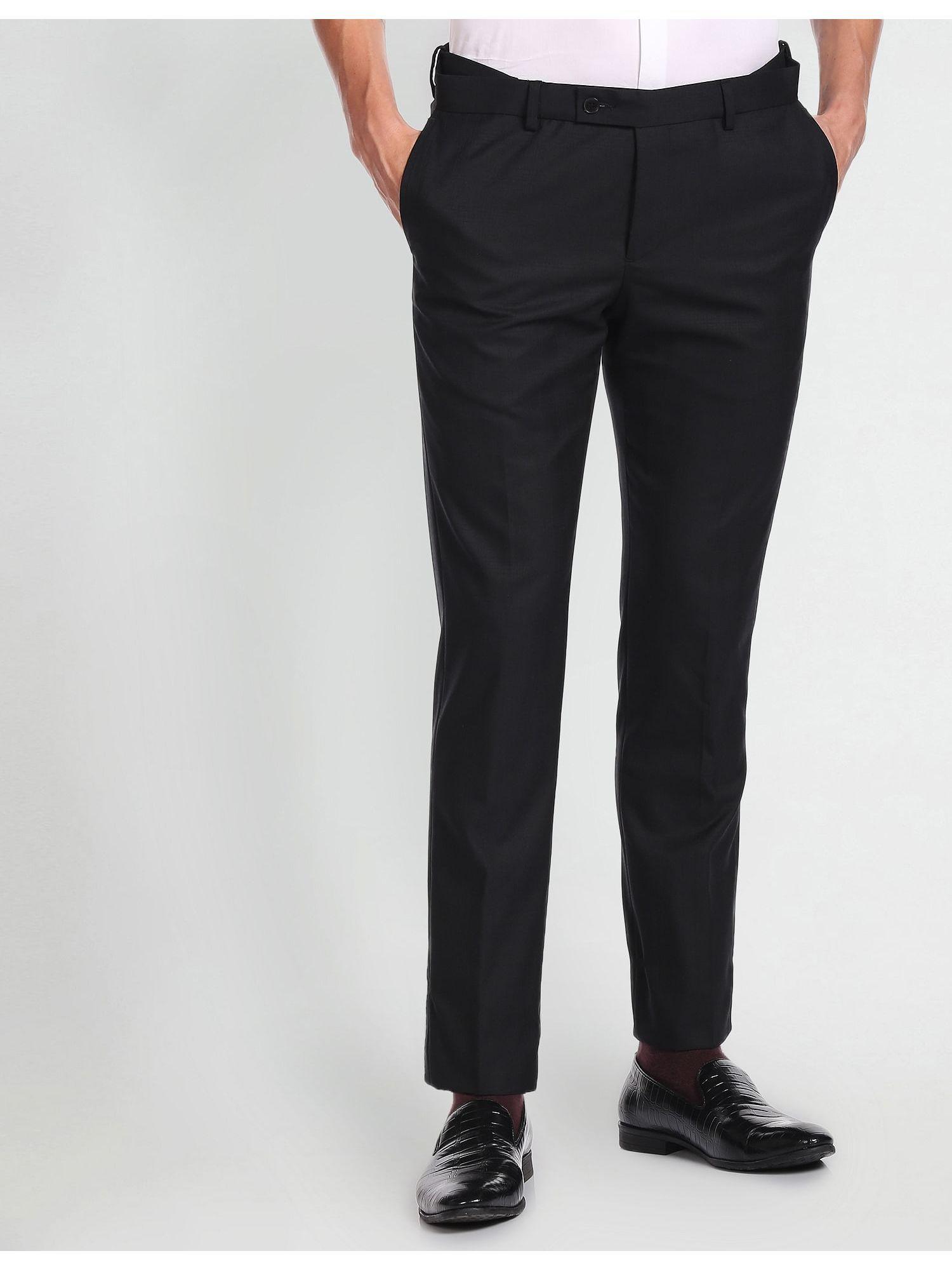 Solid Pattern Weave Wool Blend Black Trousers