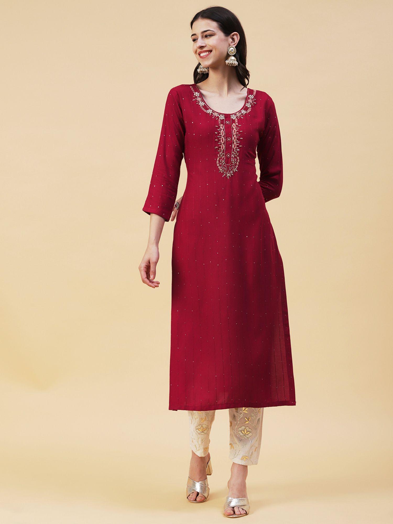 solid-striped-&-hand-embroidered-straight-fit-kurta---maroon