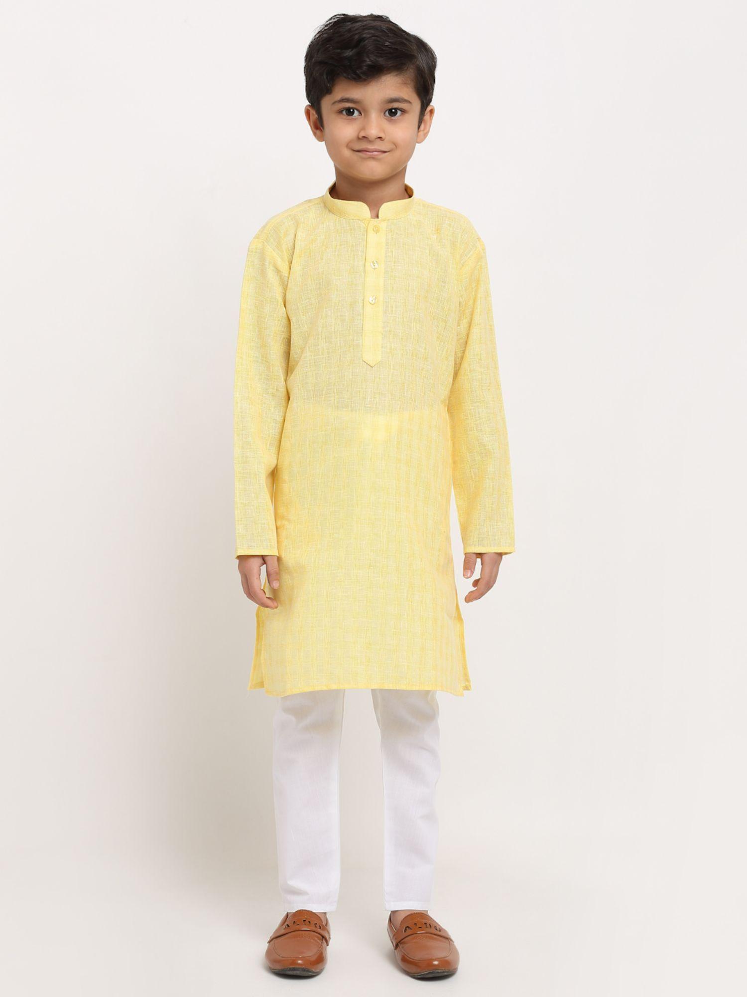 Boys Yellow Woven Design Cotton Kurta with Pyjamas (Set of 2)