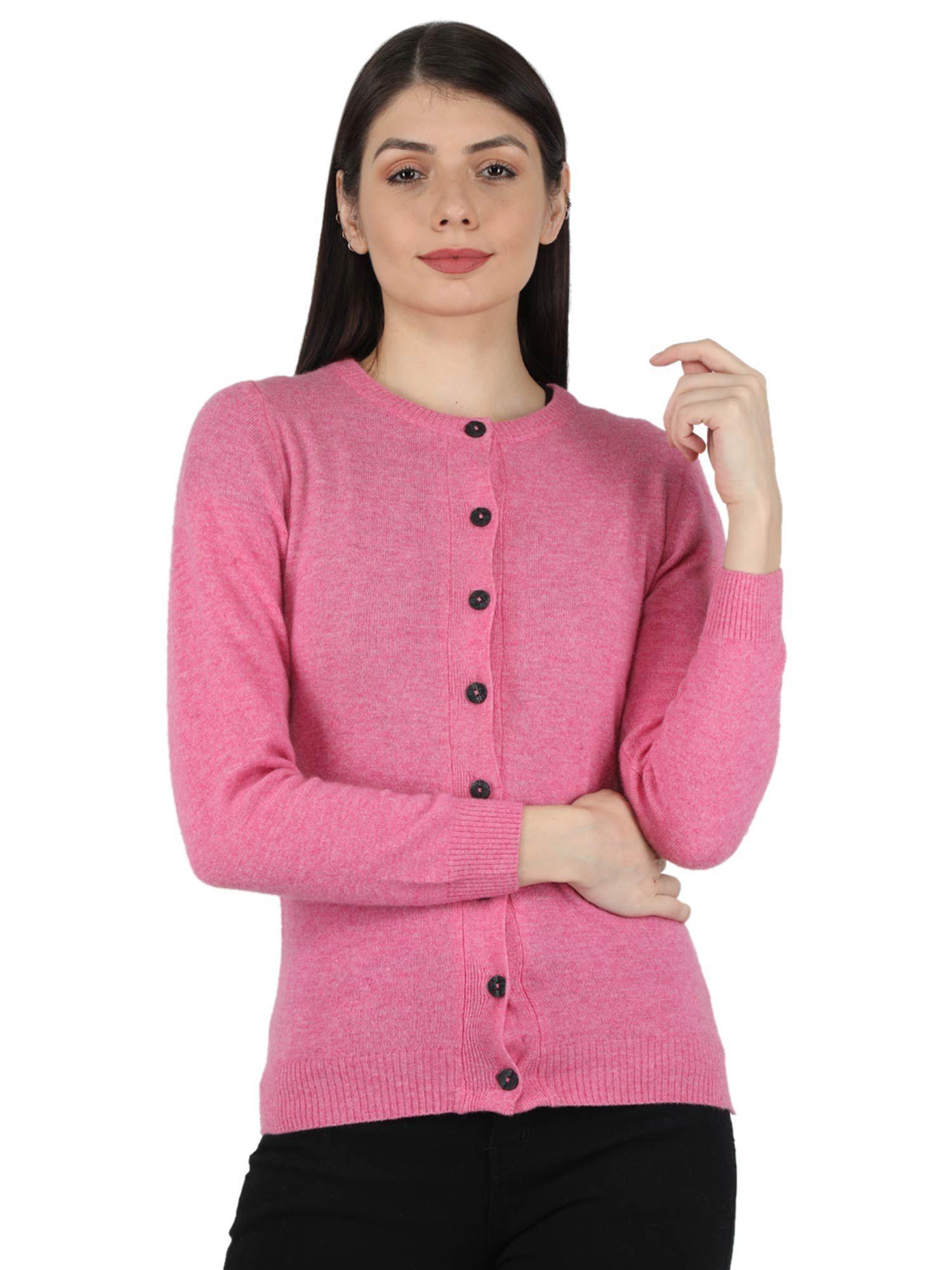 Womens Lambs Wool Pink Solid Round Neck Cardigan