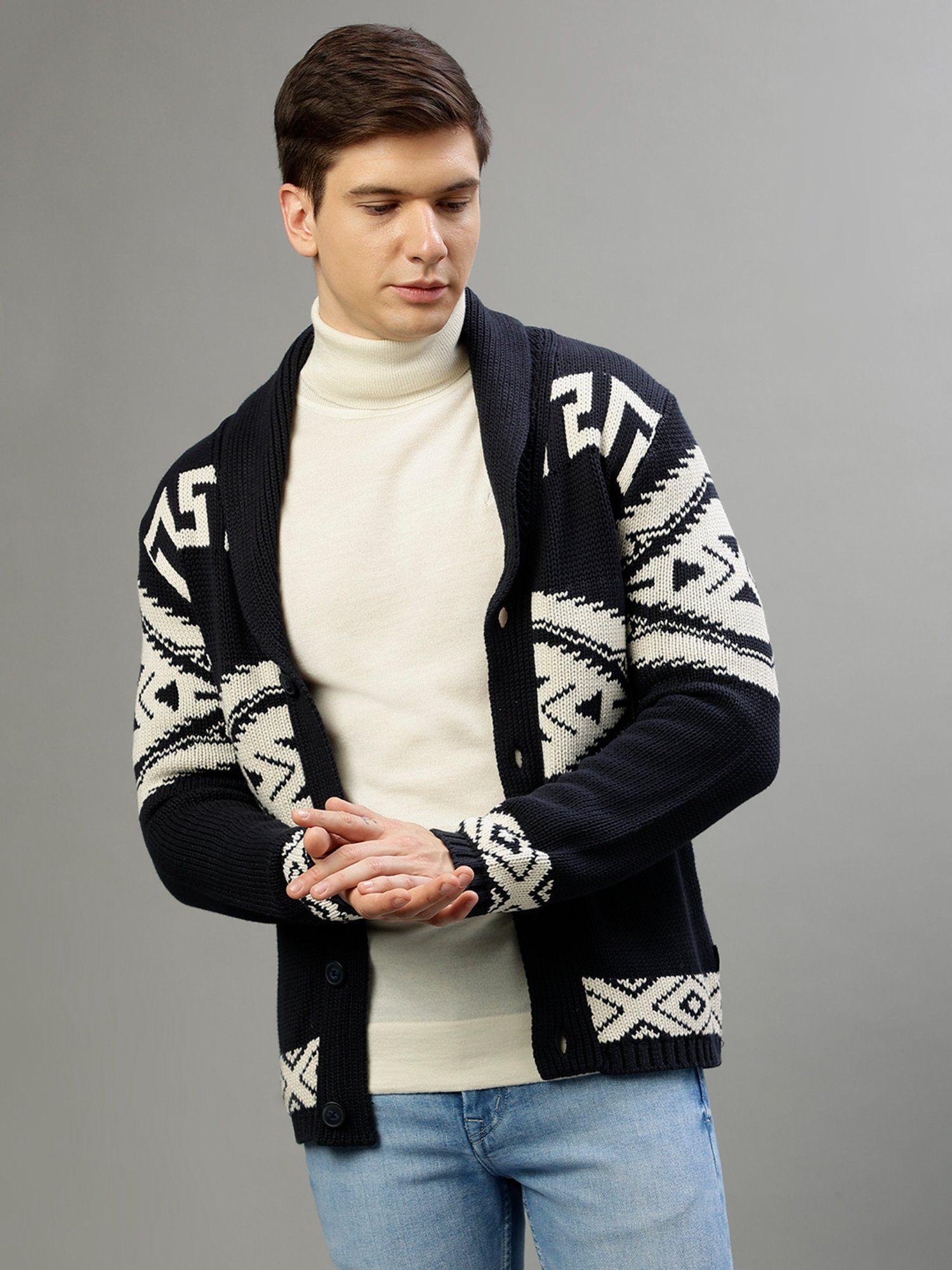 Men Cotton Patterned Navy Blue Sweater