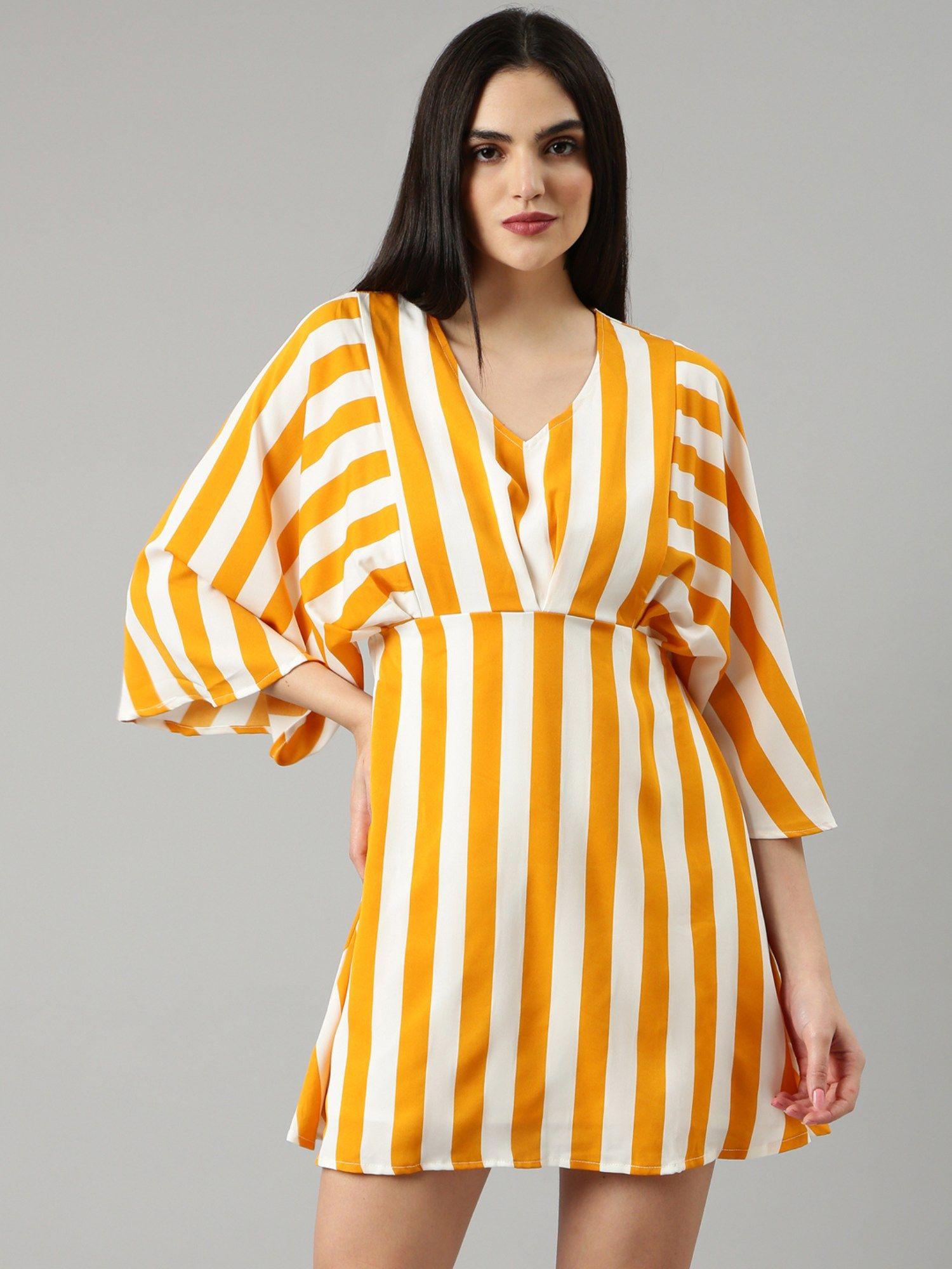 women-v-neck-flared-sleeves-a-line-striped-mustard-above-knee-dress