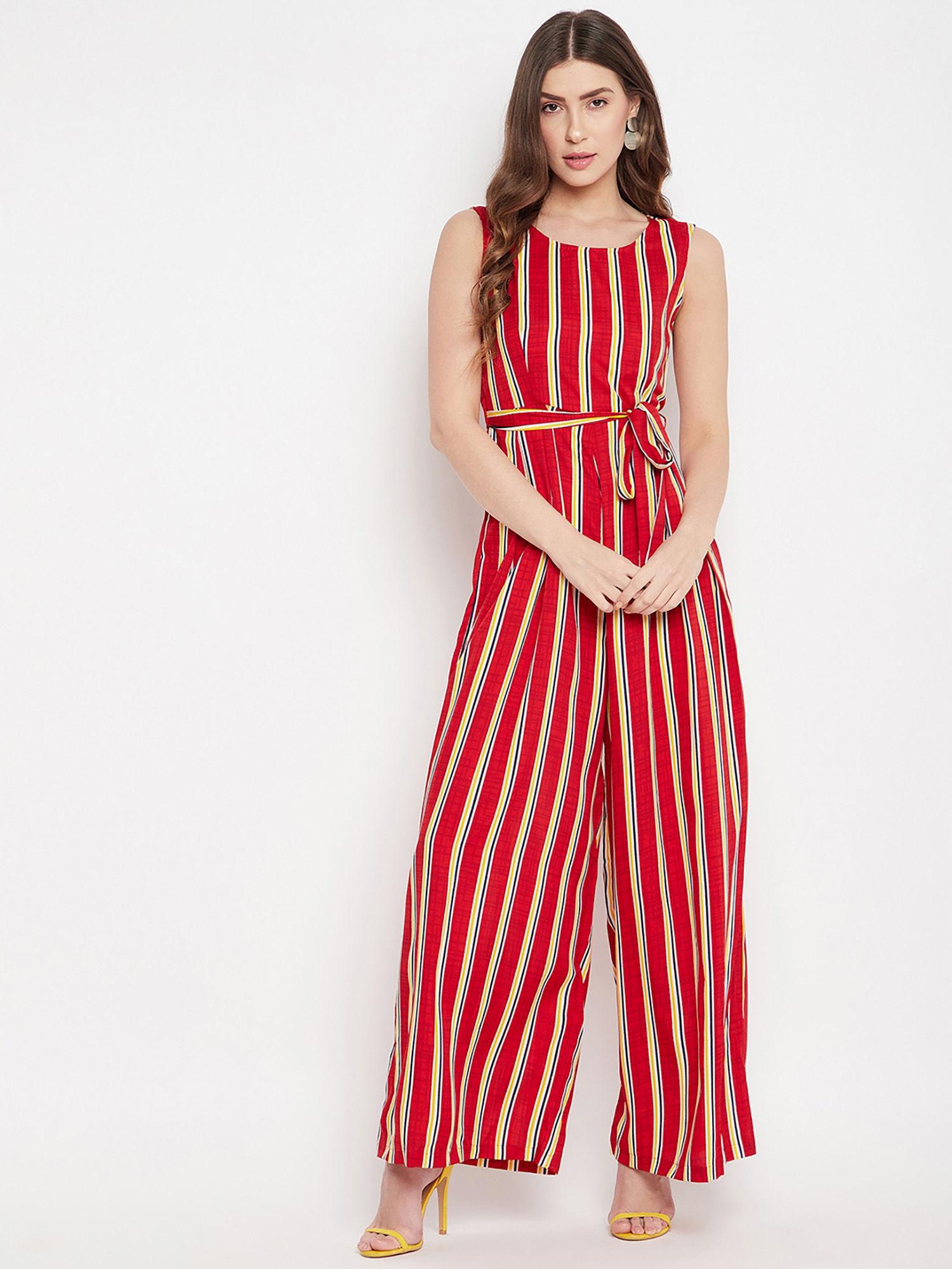 Red Crepe Striped Sleeveless Jumpsuit