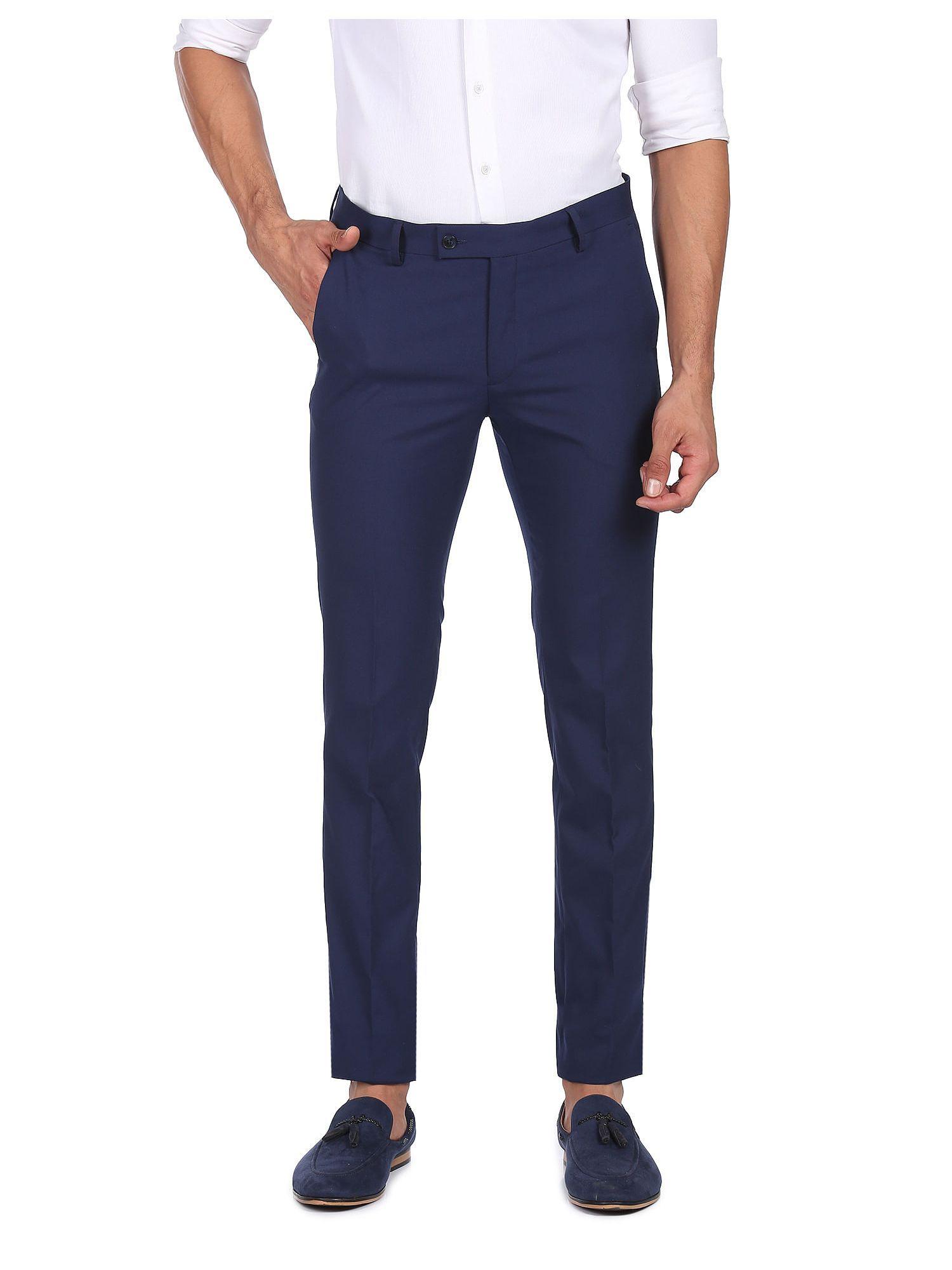 Men Navy Mid Rise Solid Formal Trousers
