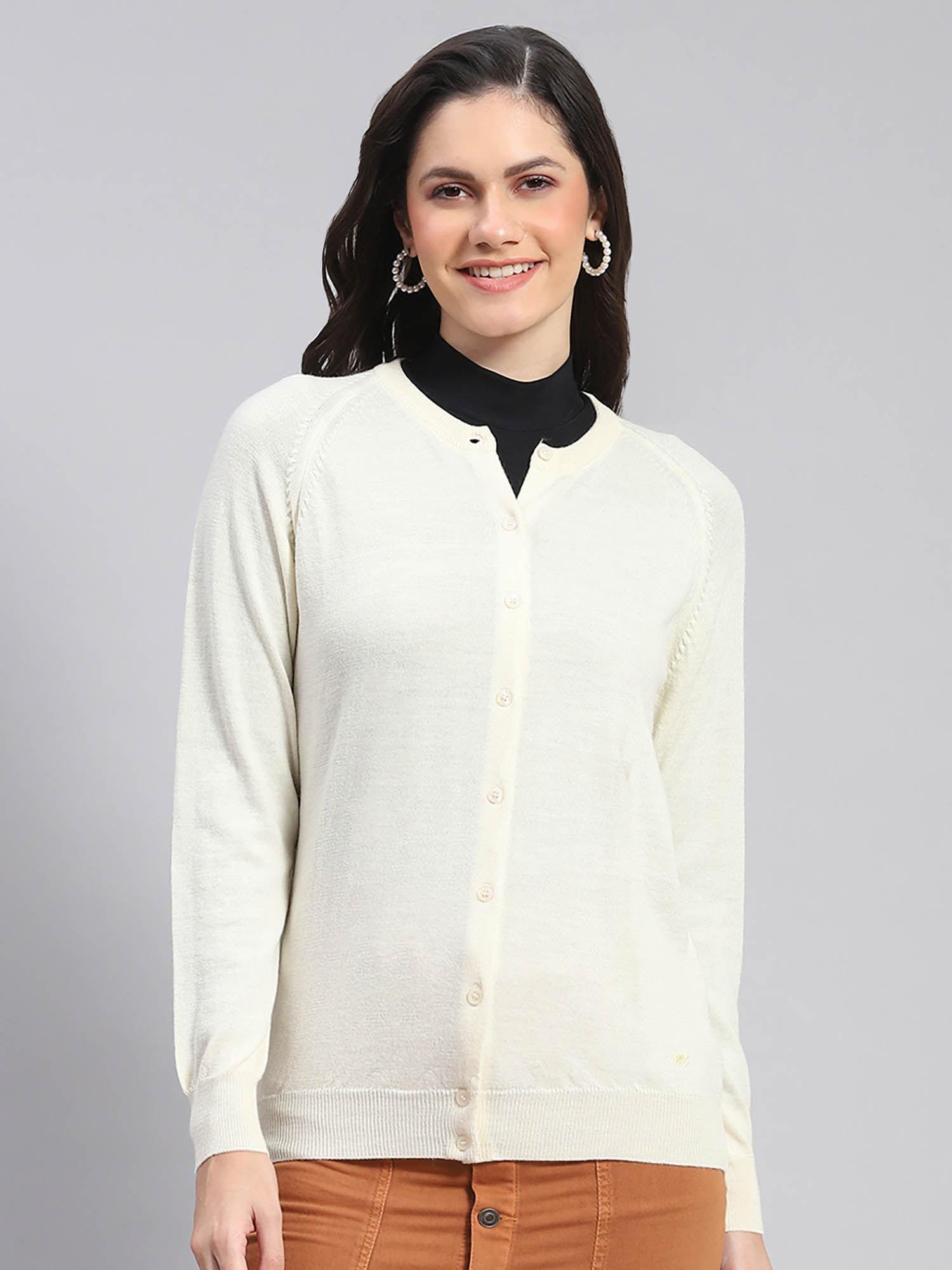 Women Solid Full Sleeves Round Neck Off White Cardigan