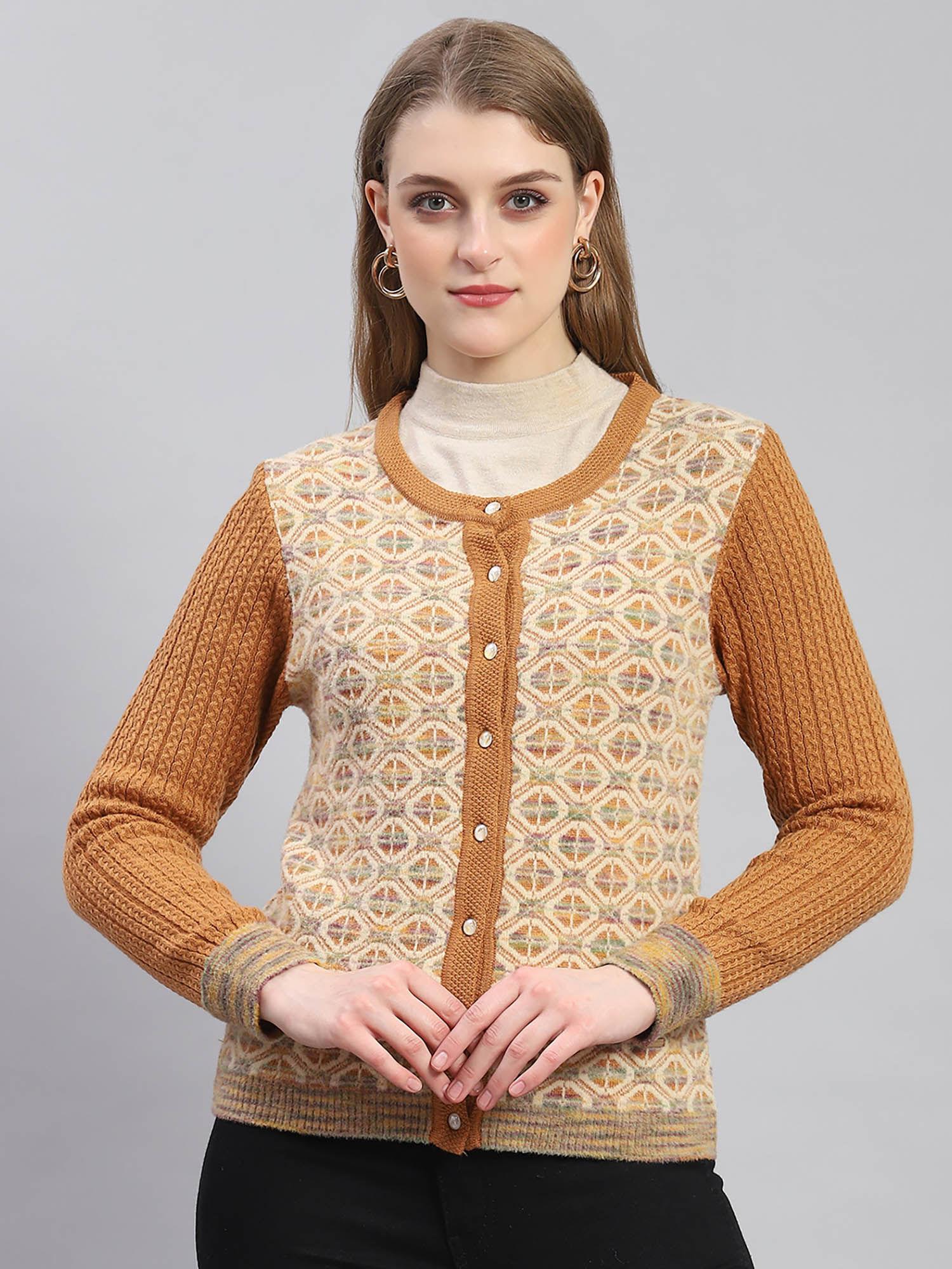 women-self-design-full-sleeves-round-neck-rust-cardigan