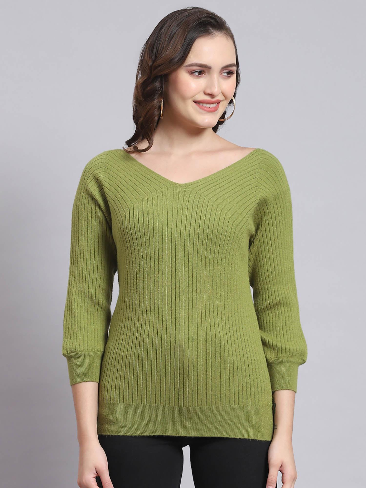 women-self-design-three-fourth-sleeves-v-neck-green-sweater