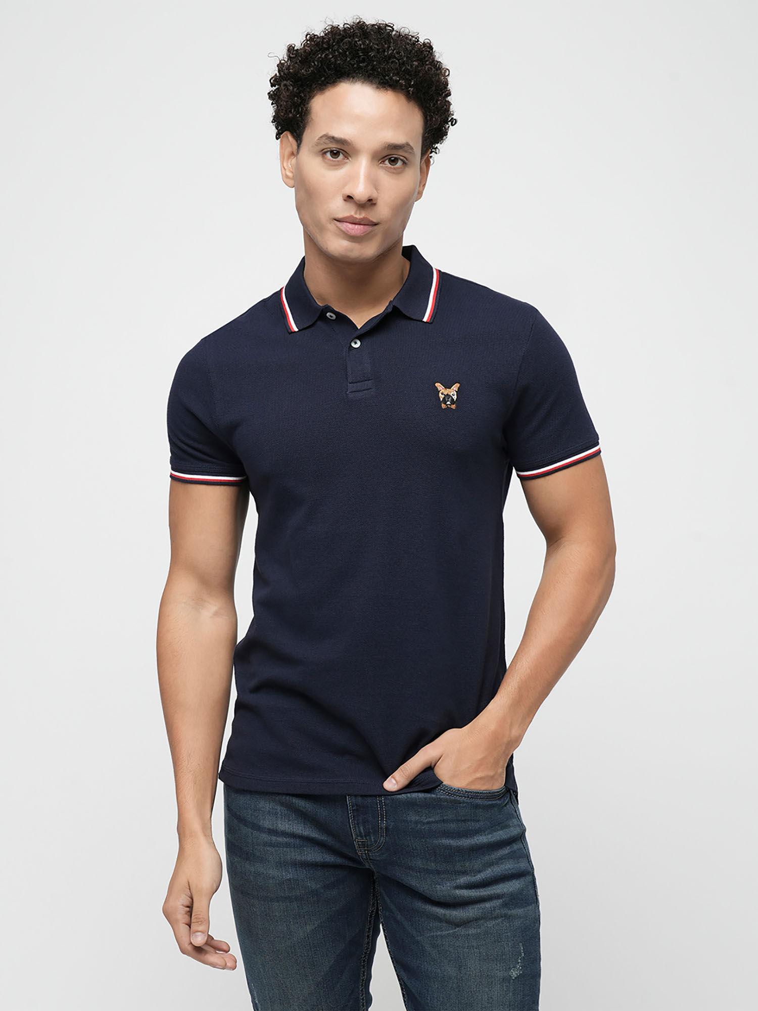 Solid Navy Blue Slim Fit Polo T-Shirt