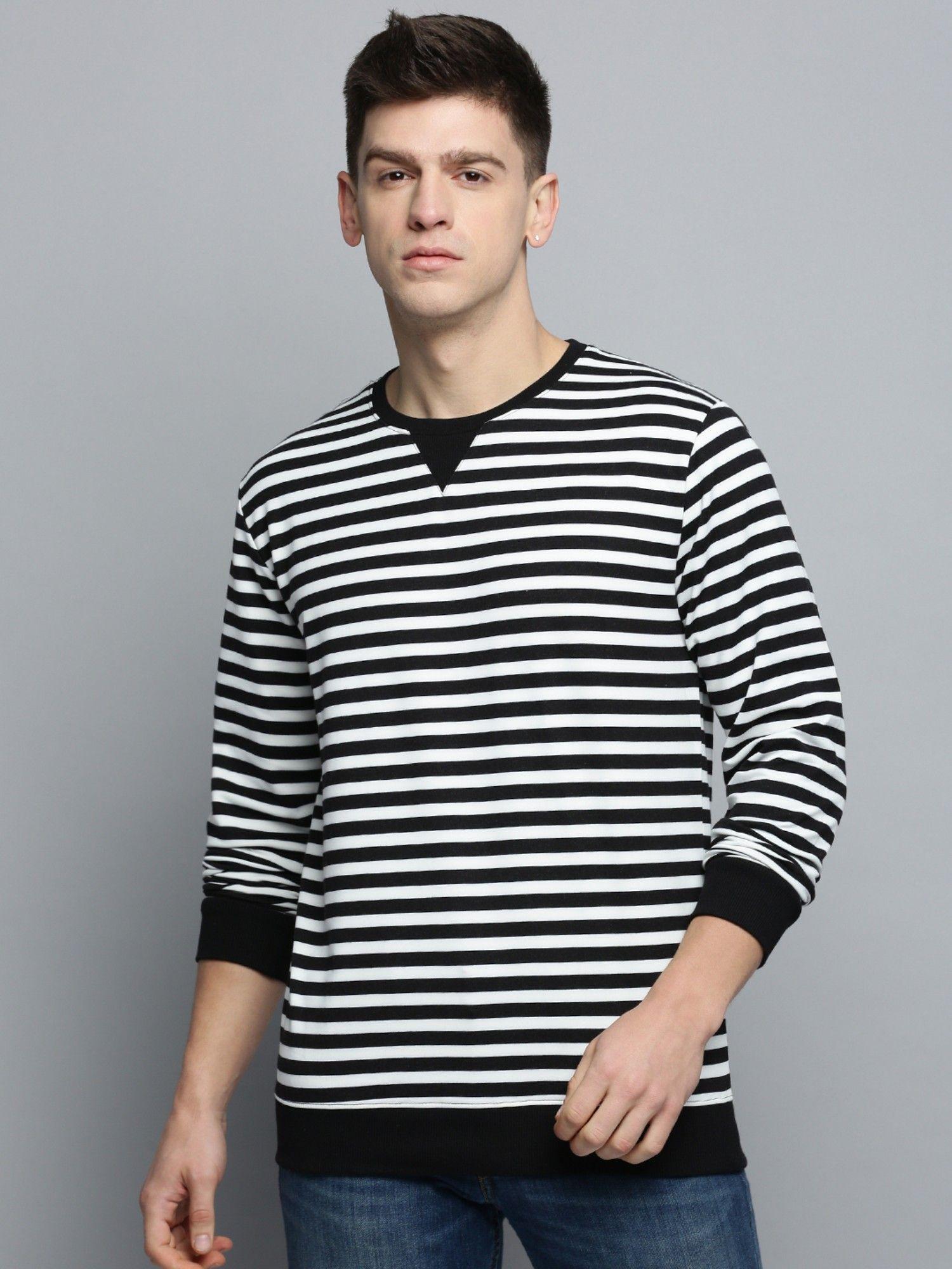 Mens Round Neck Striped Black Pullover Sweatshirt