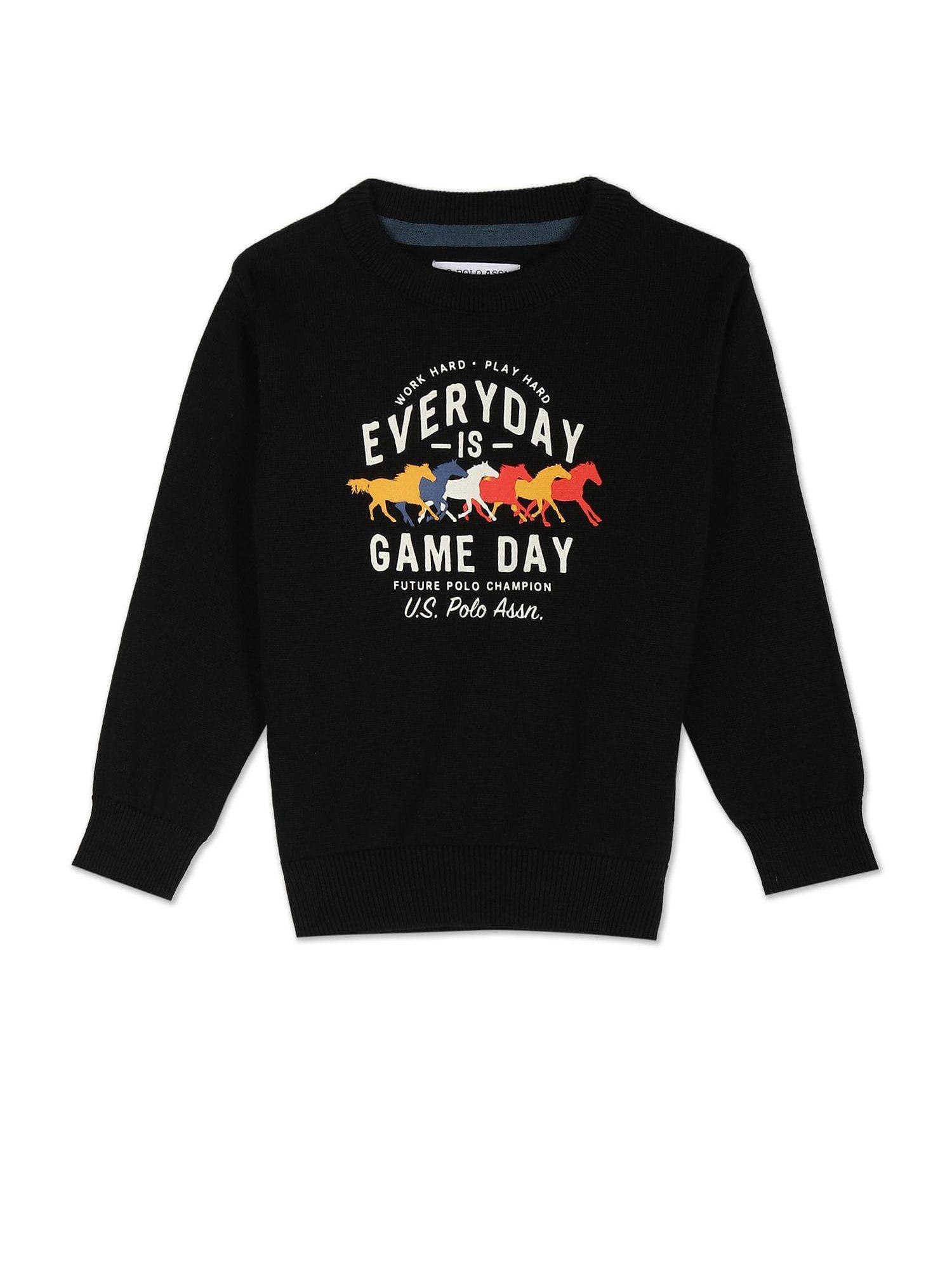 Boys Black Crew Neck Graphic Print Cotton Sweater