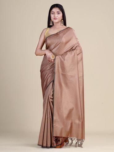 Copper Zari Beige Kanjivaram Silk Saree With Unstitched Blouse