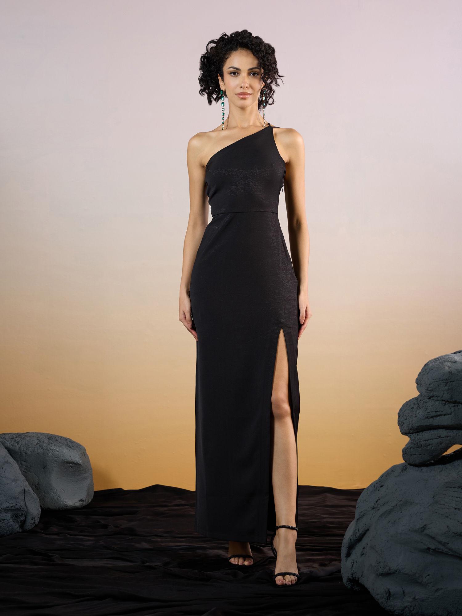 black-solid-one-shoulder-front-slit-gown