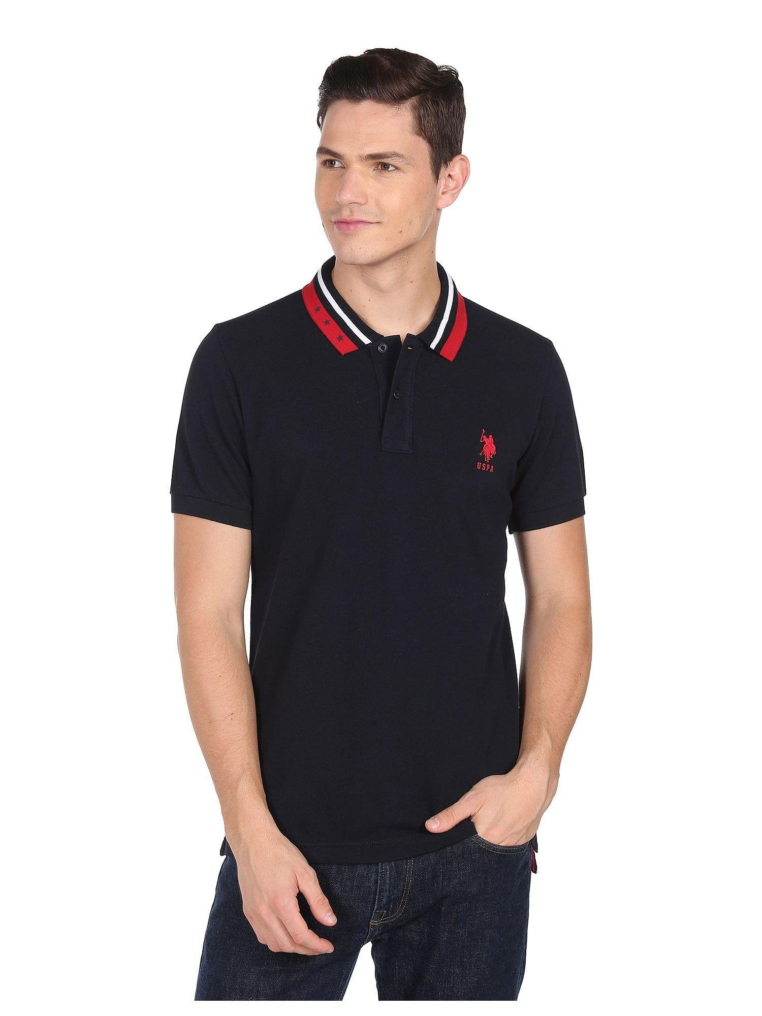 Men Navy Brand Striped Collar Solid Polo T-Shirt