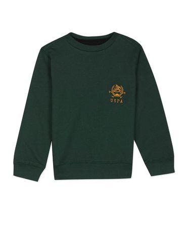 Boys Dark Green Crew Neck Pure Cotton Solid Sweatshirt