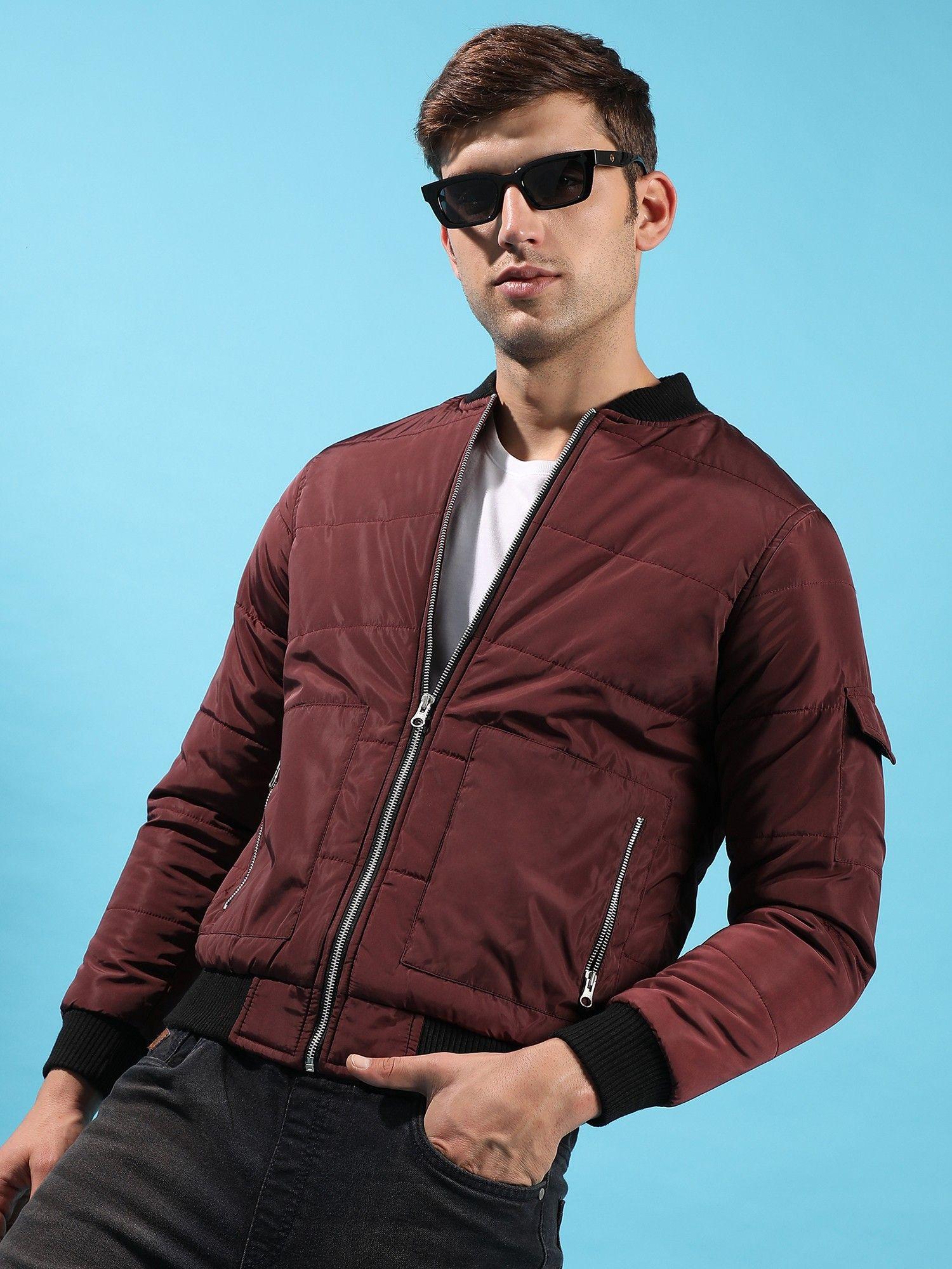 Men Maroon Puffer Jacket with Contrast Hem