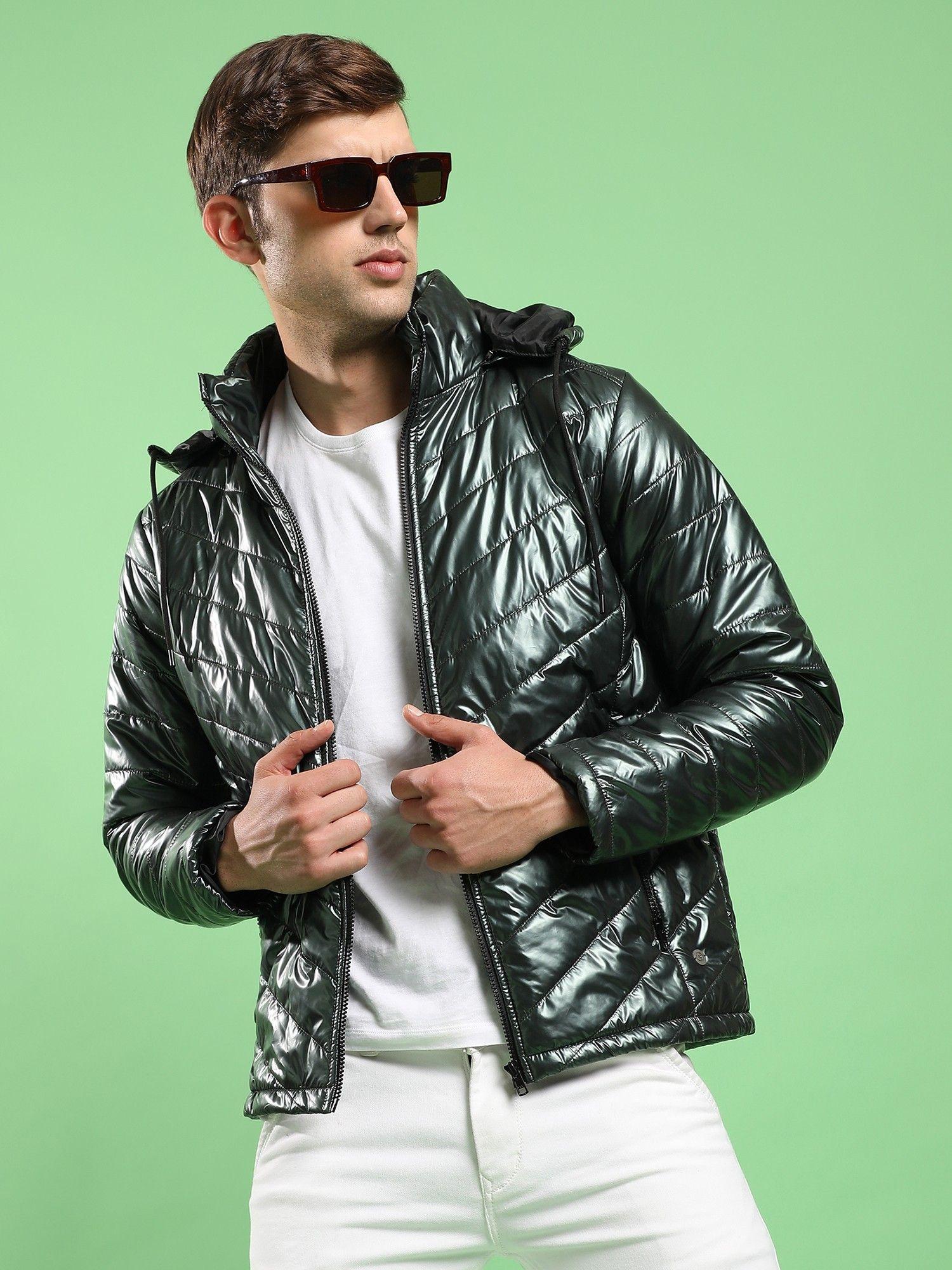 Men Forest Green Zip Front Quilted Puffer Jacket