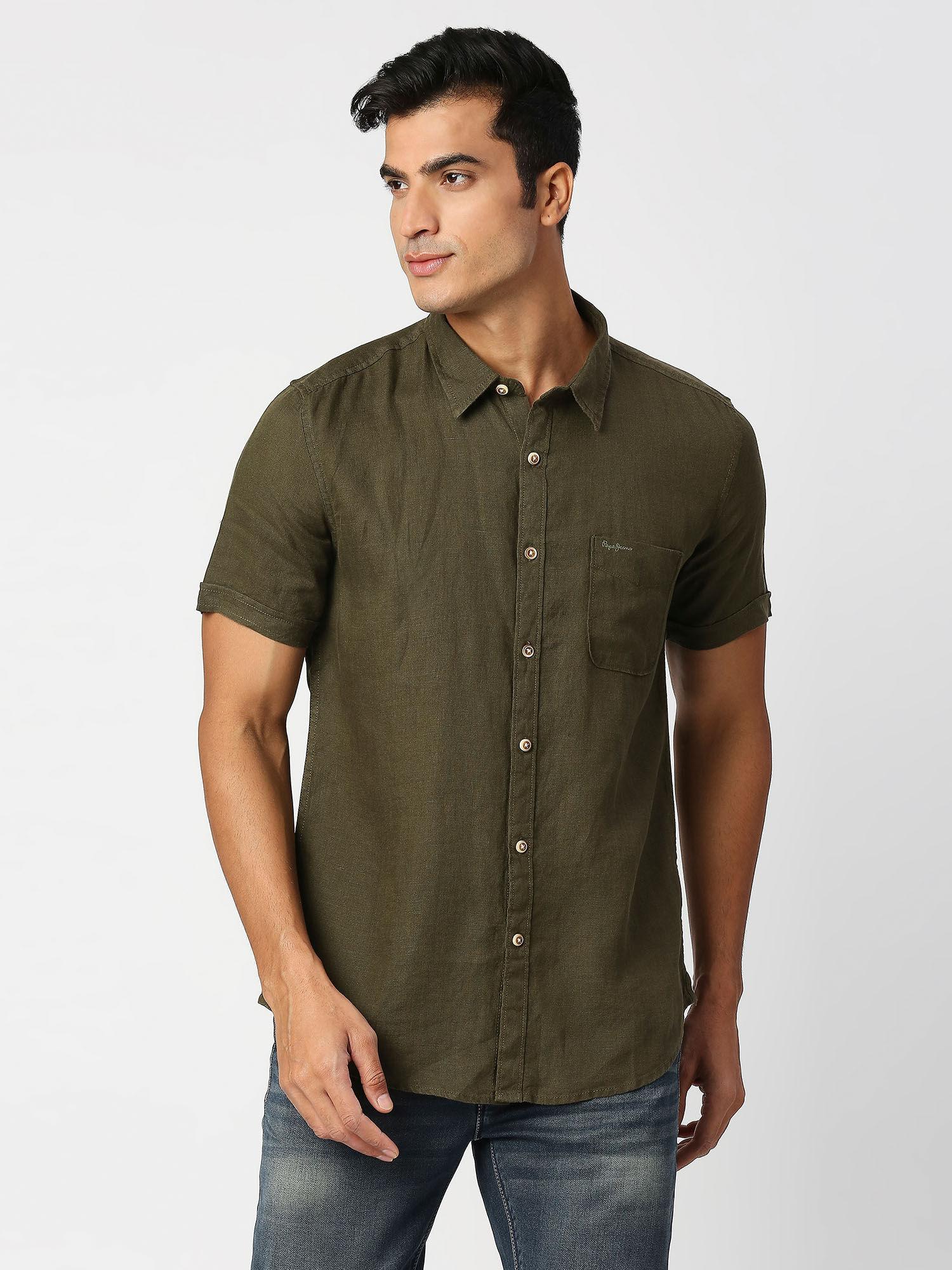 kingsman-half-sleeves-olive-pure-linen-casual-shirt