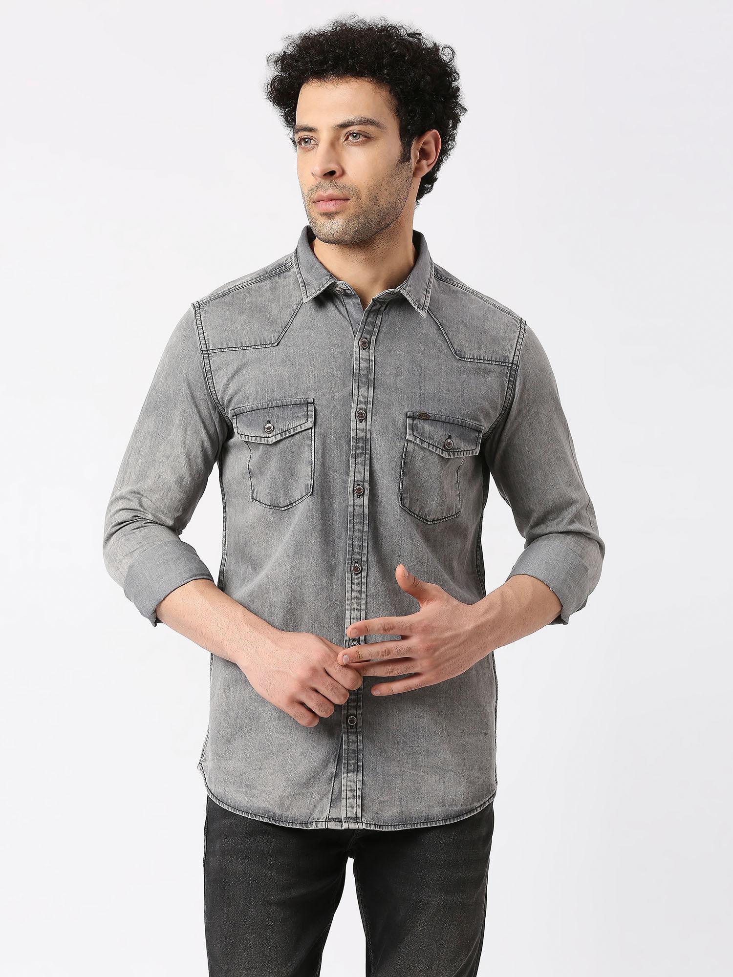 Whizz Full Sleeves Wash Grey Casual Shirt