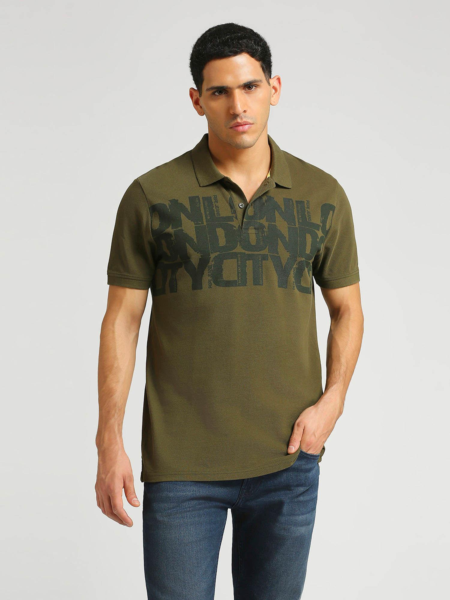 Olive Green Redcliff Typographic Placement Printed Polo T-Shirt