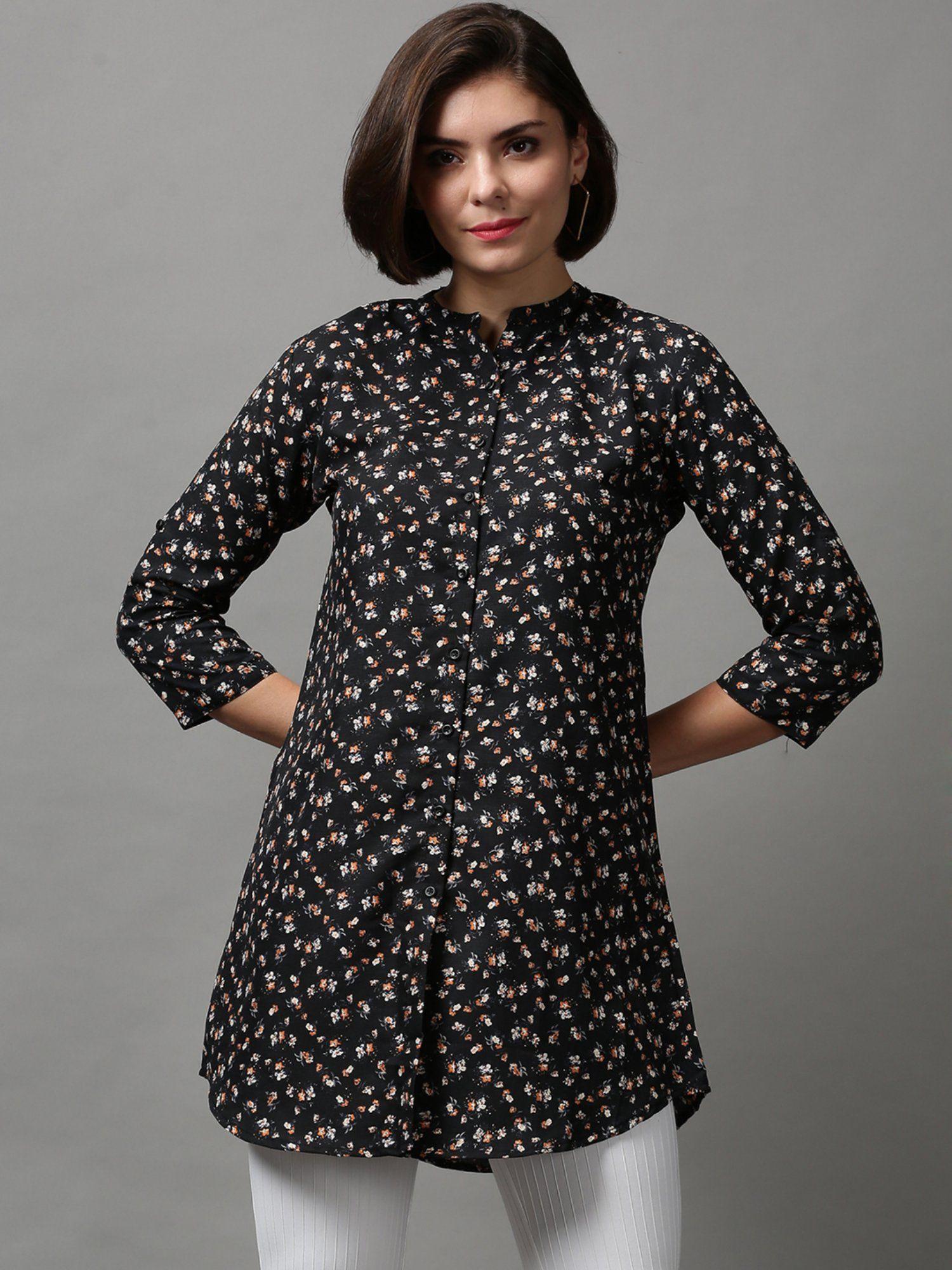 Women's Mandarin Collar Printed Black Polyester Shirt