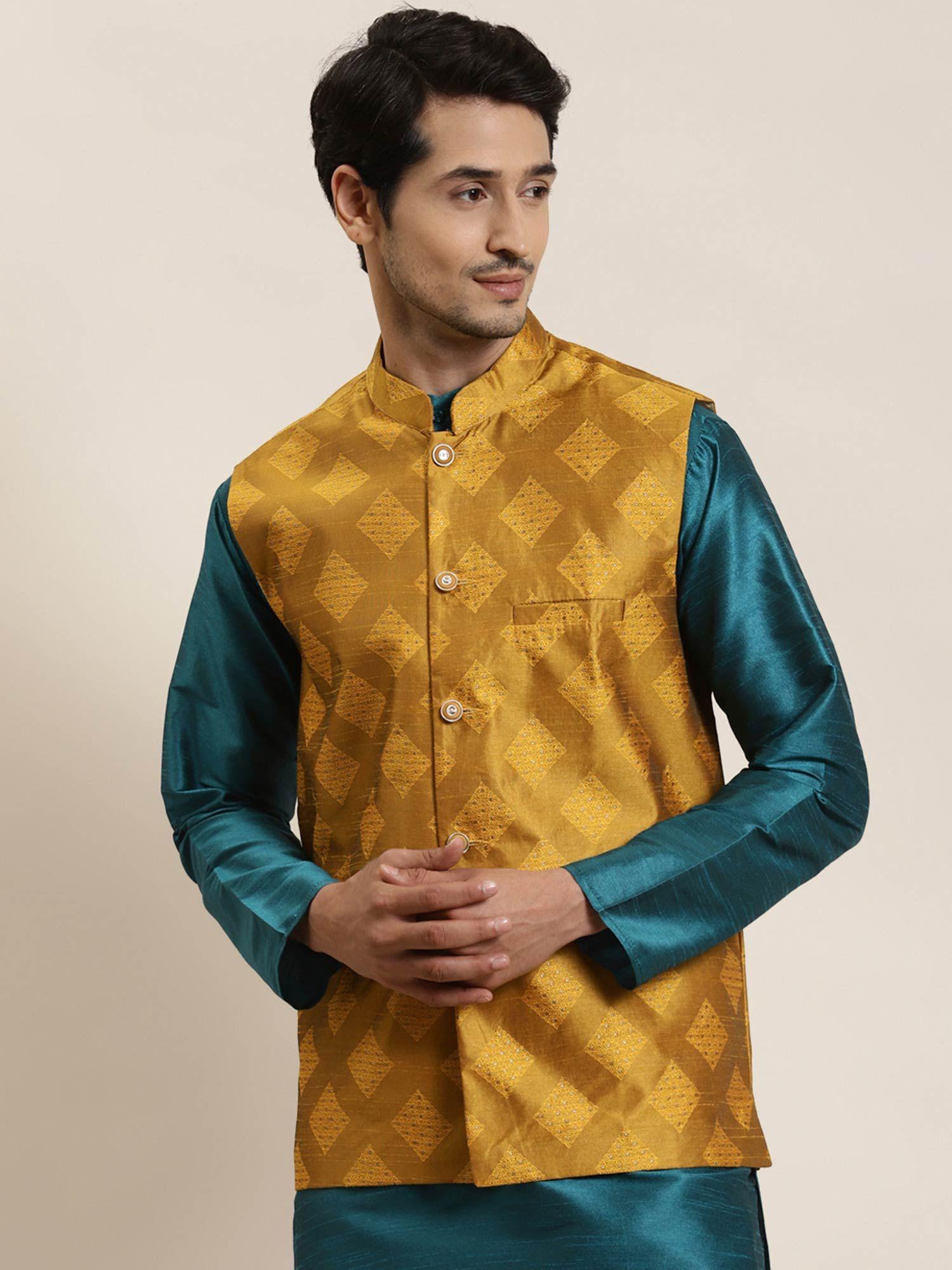 Men Jacquard Silk Mustard & Gold Self Design Nehru Jacket