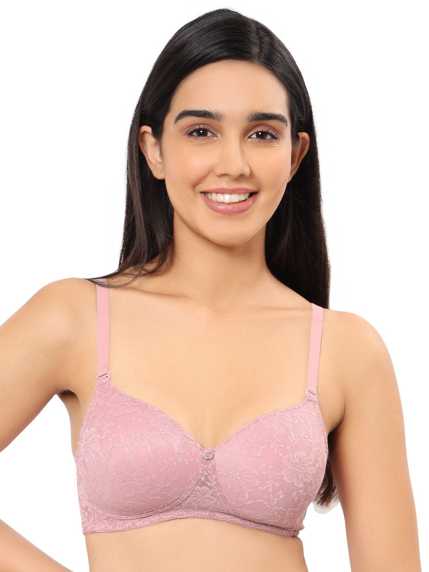 Lace Padded Non Wired Full Coverage T-Shirt Bra Pink
