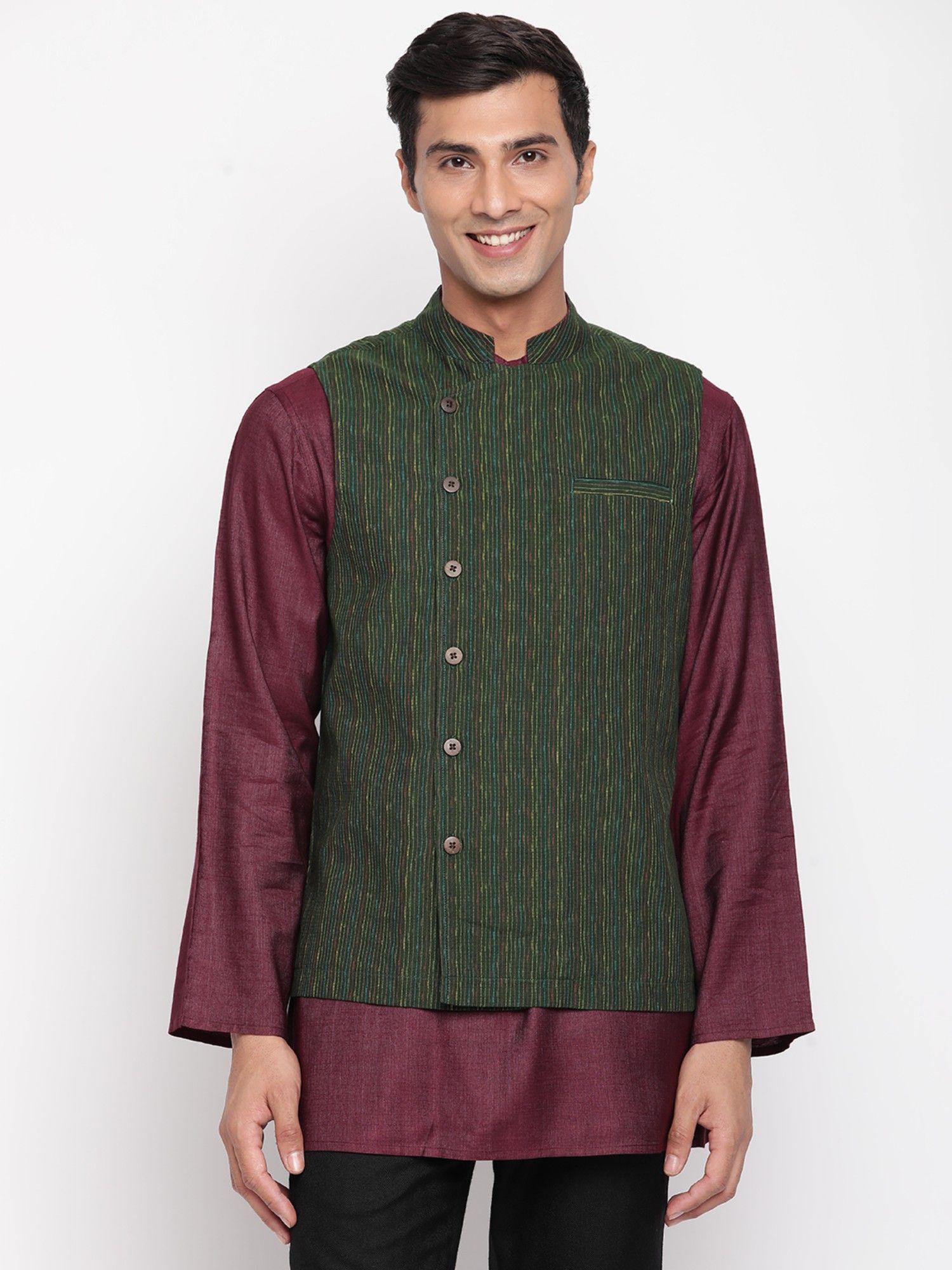 Green Cotton Woven Nehru Jacket