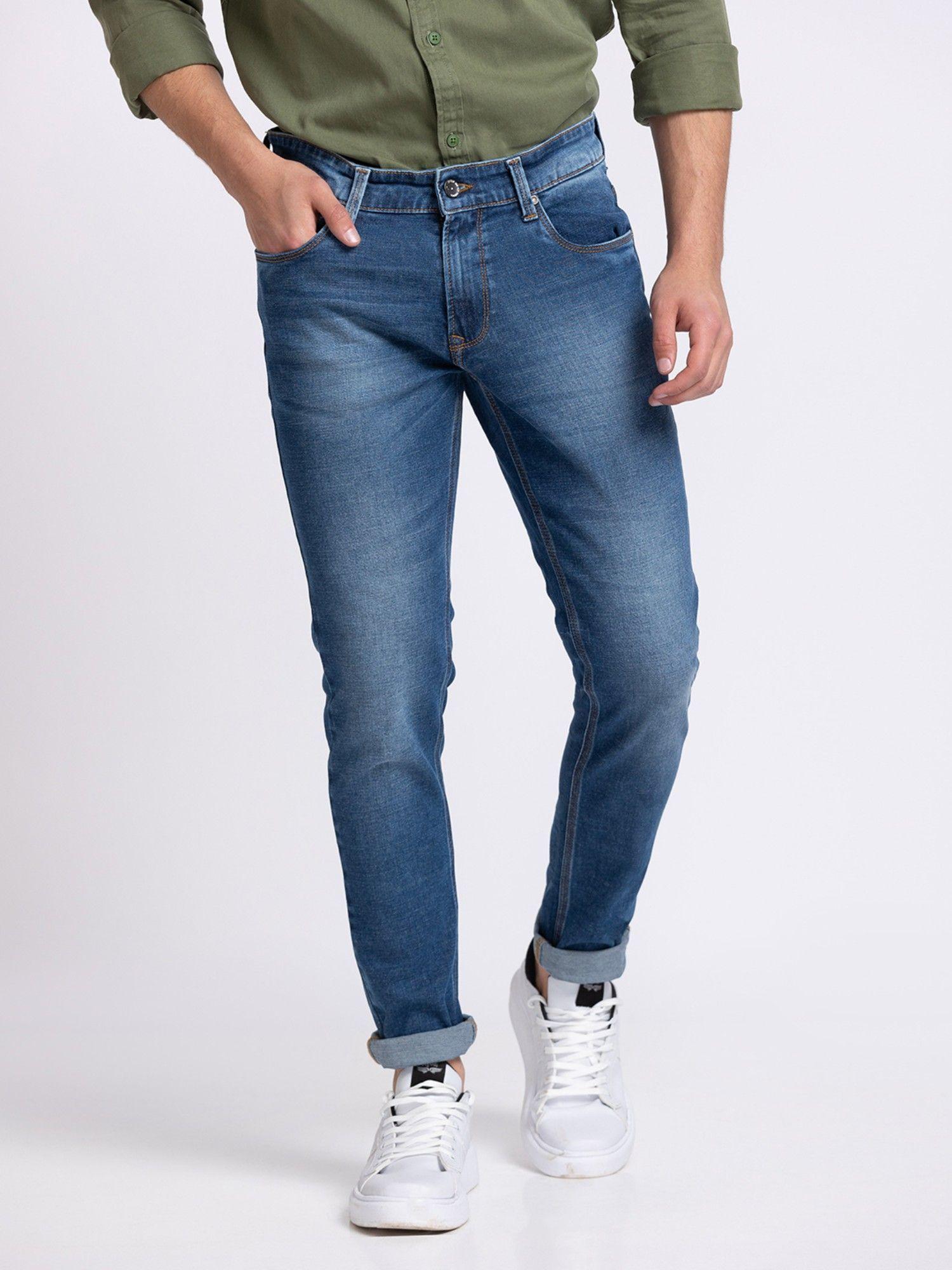 Men Mid Blue Cotton Super Slim Fit Tapered Length Jeans