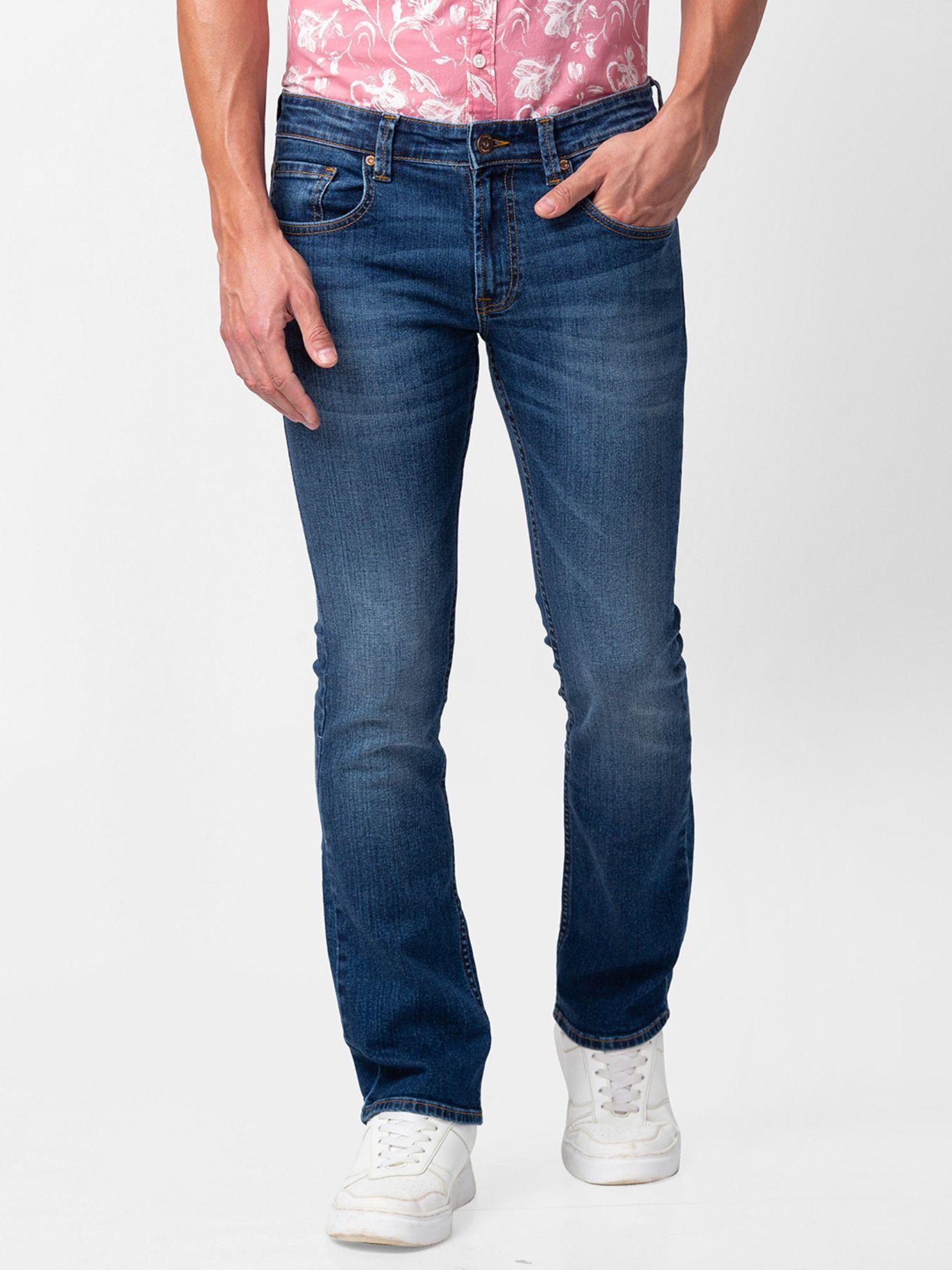 Blue Mid Rise Bootcut Fit Jeans for Men