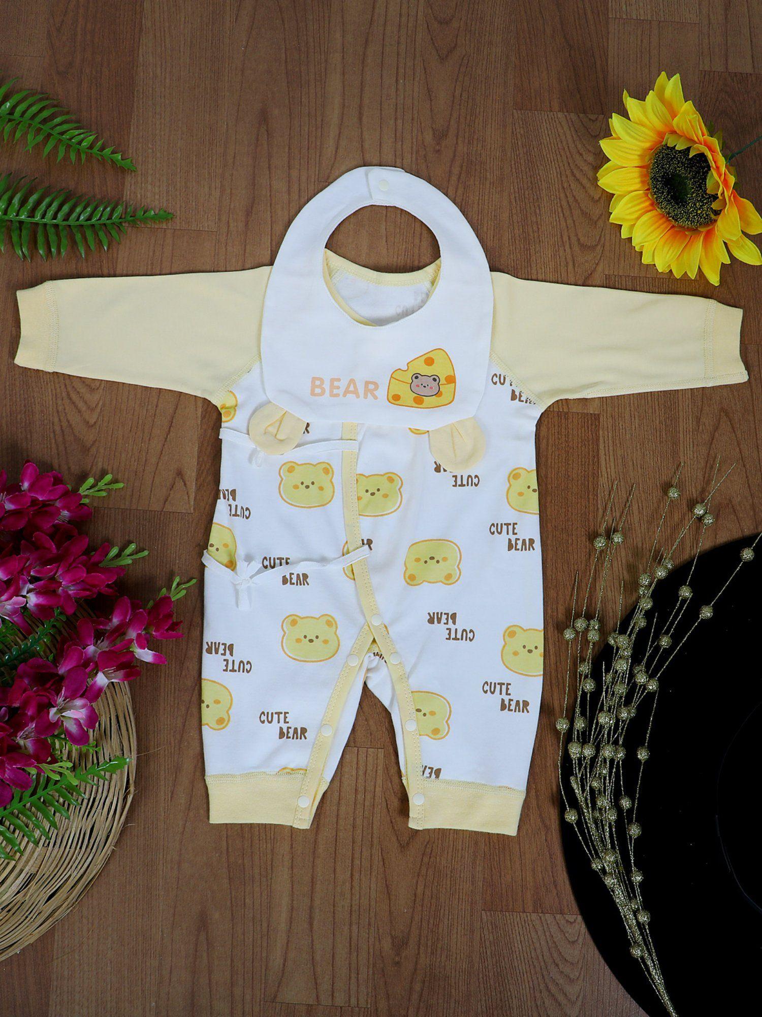 Cute Bear Body Suit with Snap Buttons Tie Knot and Matching Bib (Set of 2)