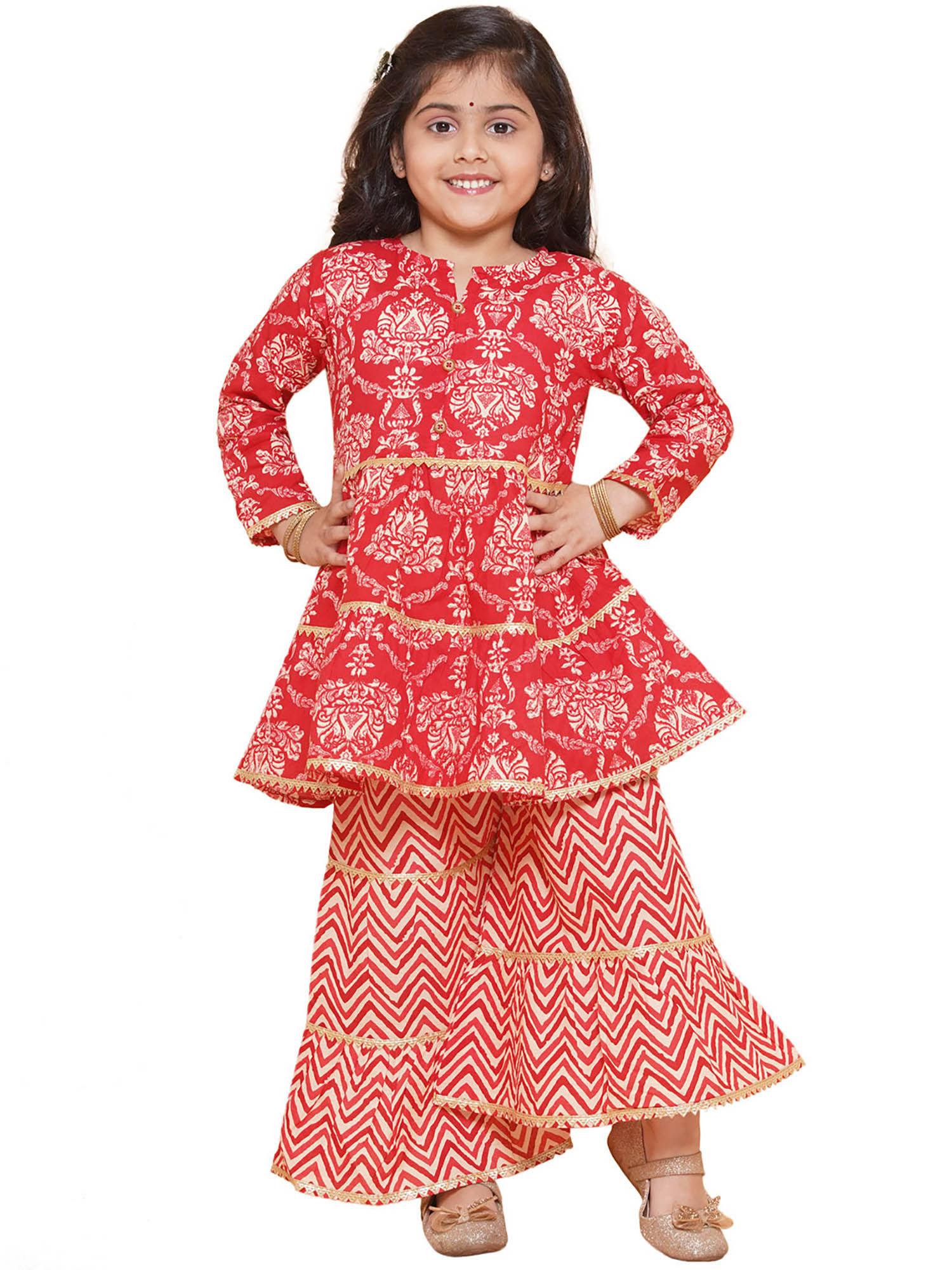Red Cotton Printed Lace Work Kurta Sharara for Girls (Set of 2)