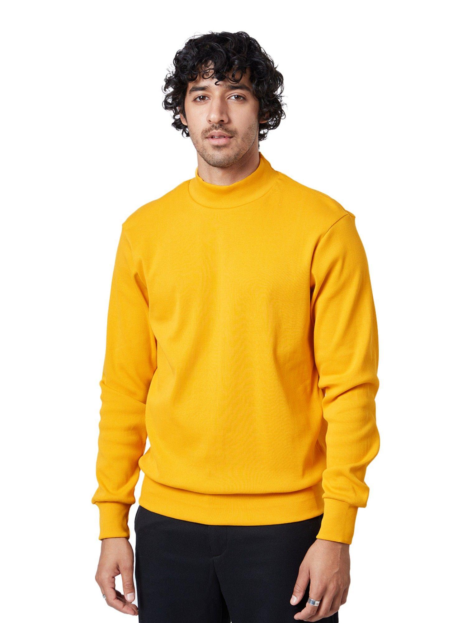Solids: Mustard Yellow Cotton Men High Neck Sweatshirts