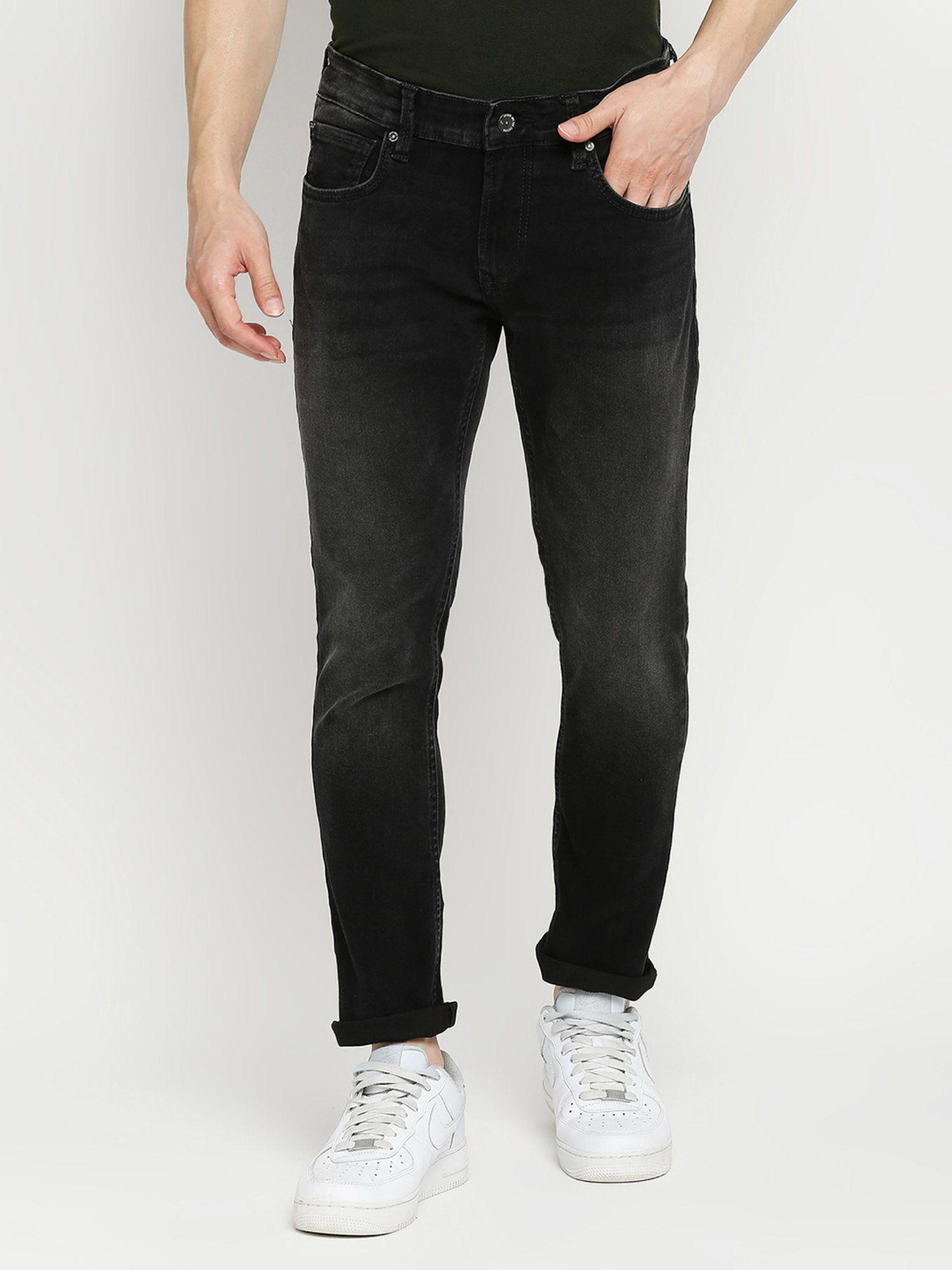 Charcoal Black Cotton Slim Fit Narrow Length Jeans for Men (Skinny)