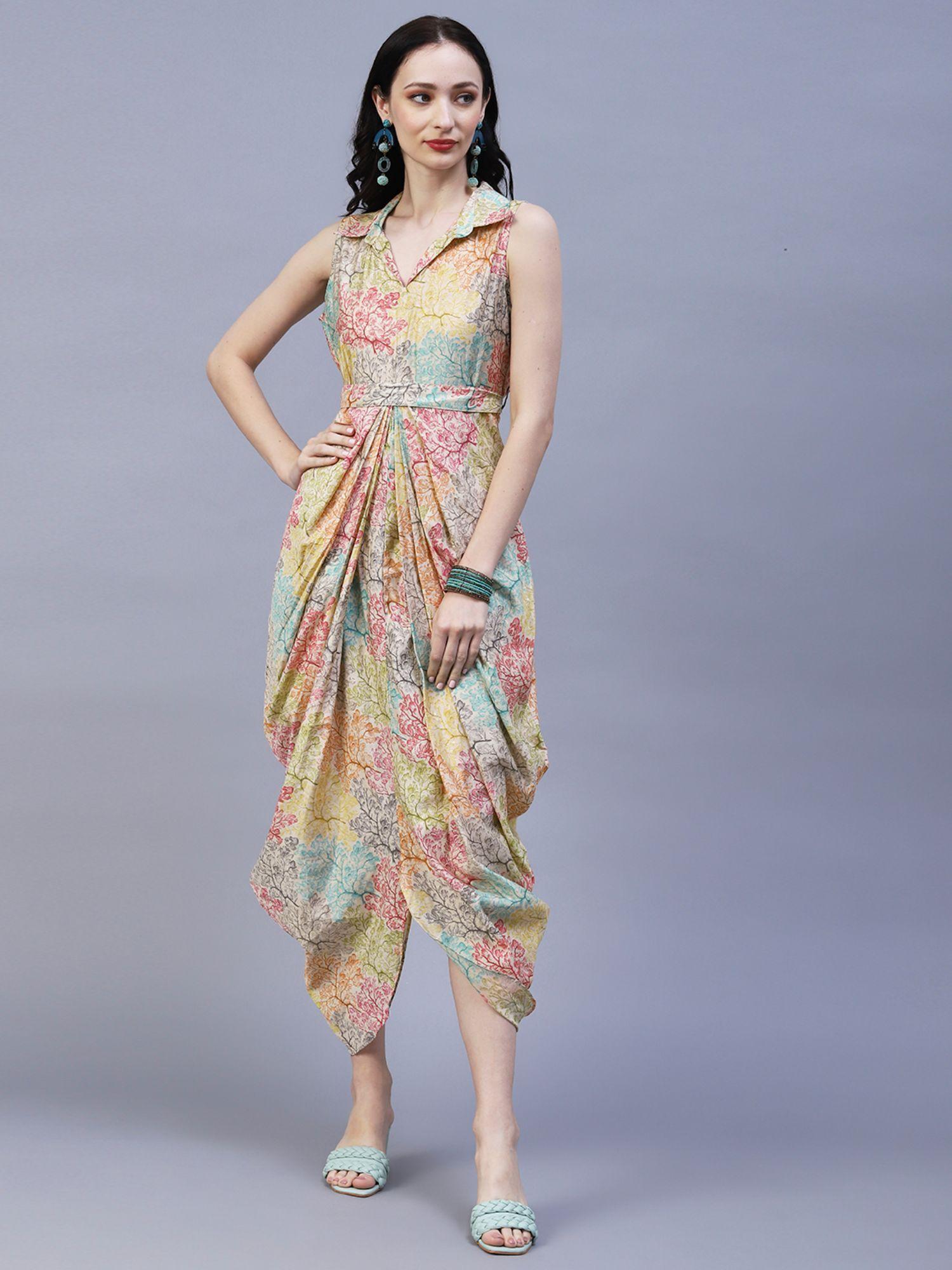 Floral Printed Pleated Draped Asymmetric Dress with Waist Belt Multi (Set of 2)