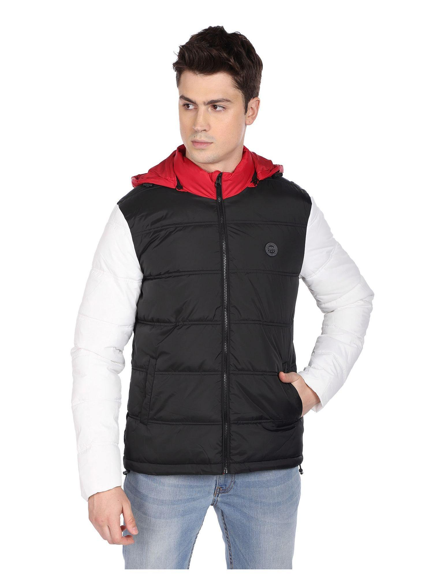Men Black And White High Neck Colour Block Puffer Jacket