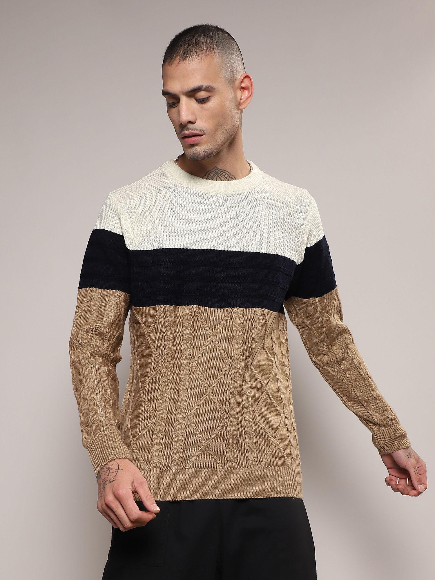 Mens Pistachio Green Self-Design Striped Sweater
