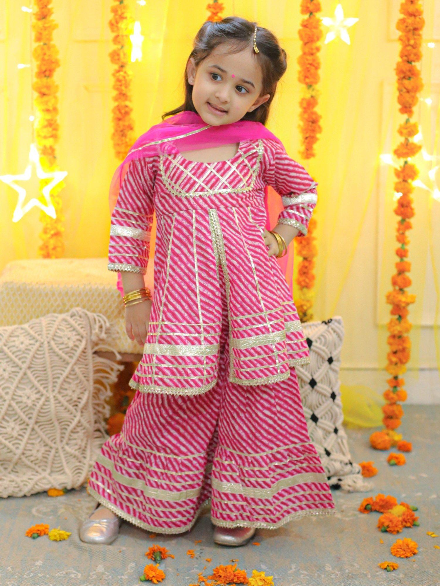 Pure Cotton Printed Kurta Sharara with Dupatta Girls Pink (Set of 3)