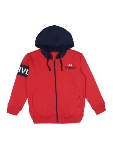 Boys Red Cotton Solid-plain Full Sleeves Knits Jacket