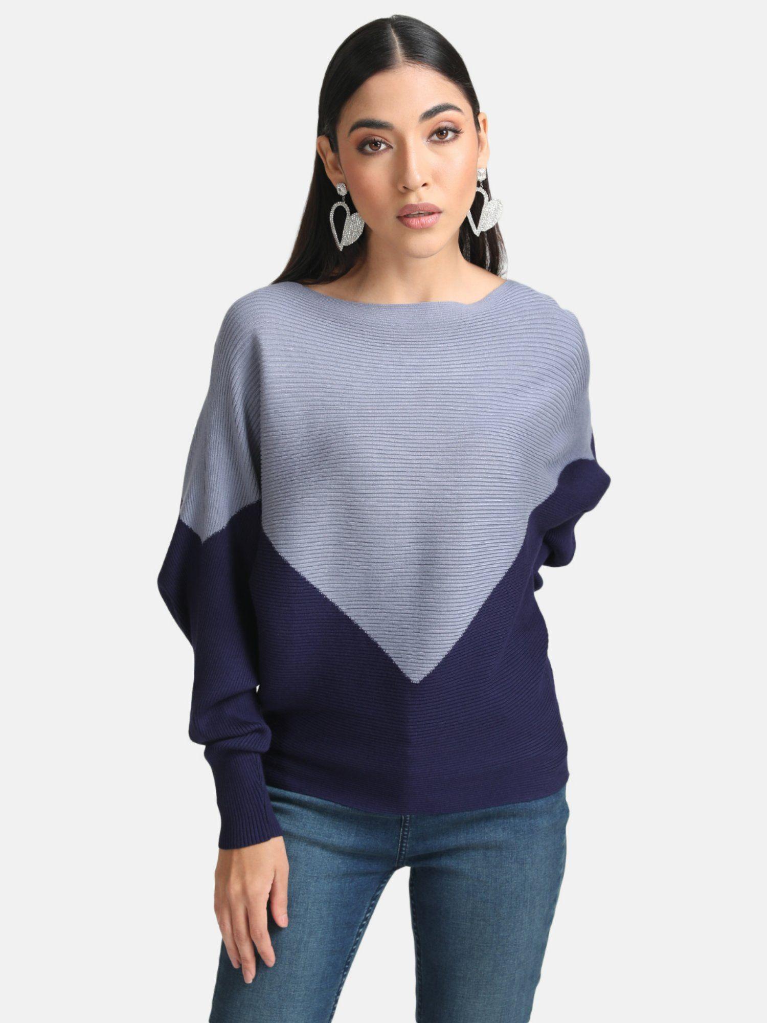 Blue Color Blocked Batwing Pullover