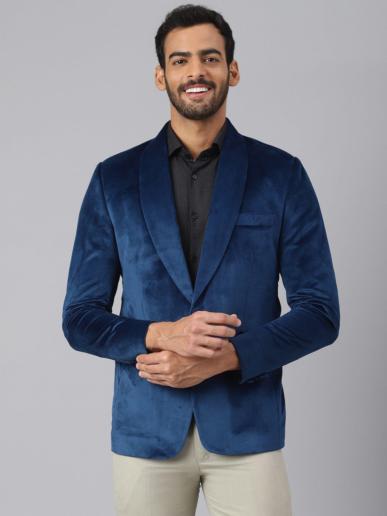 Men Polyester Solid Blue Blazer