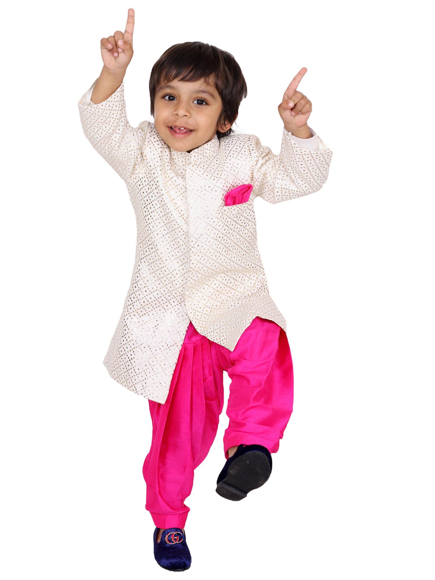White Mukaish Sherwani with Pink Salwar (Set of 2)