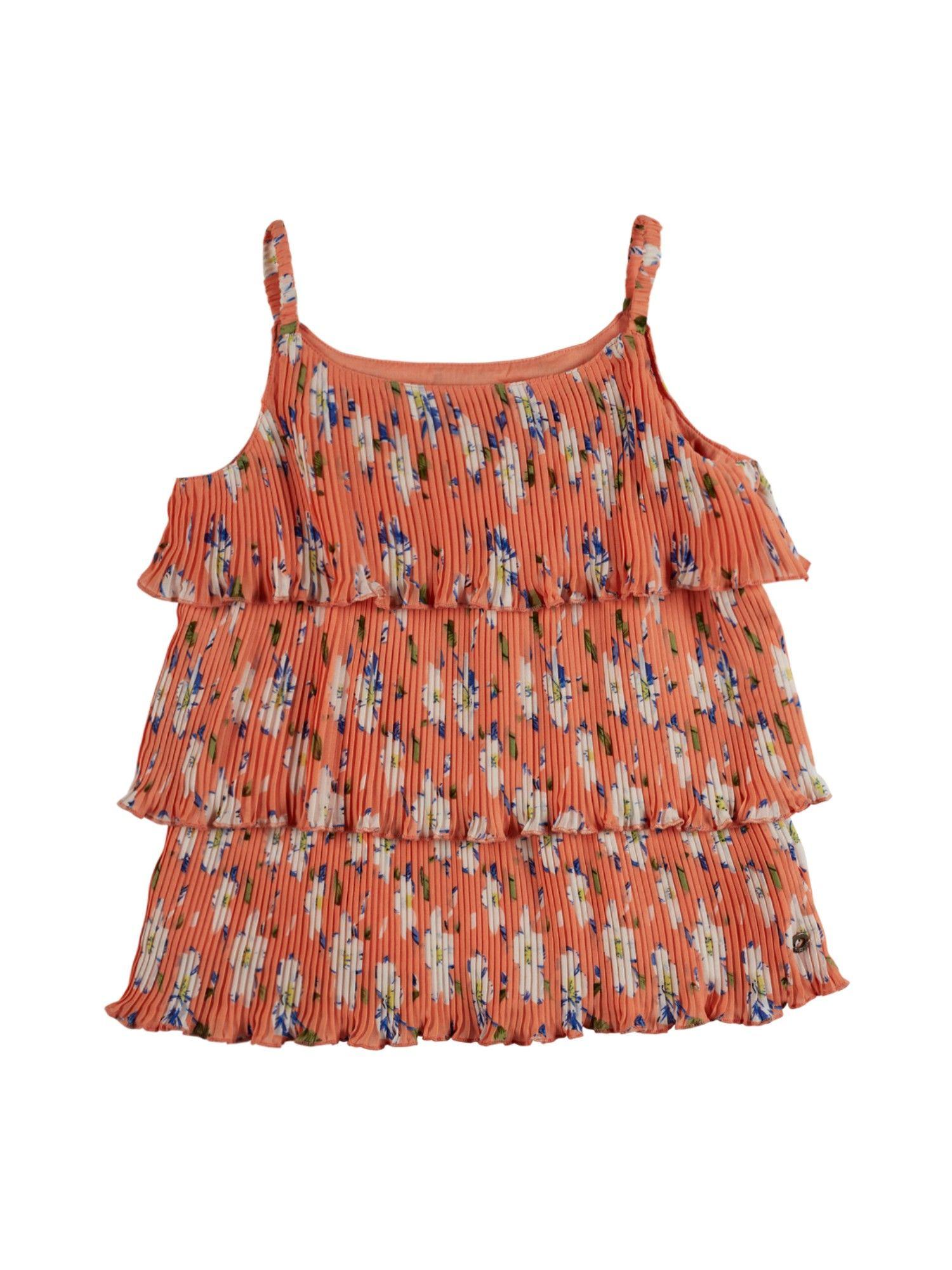 Girls Orange Floral Print Top Full Sleeves