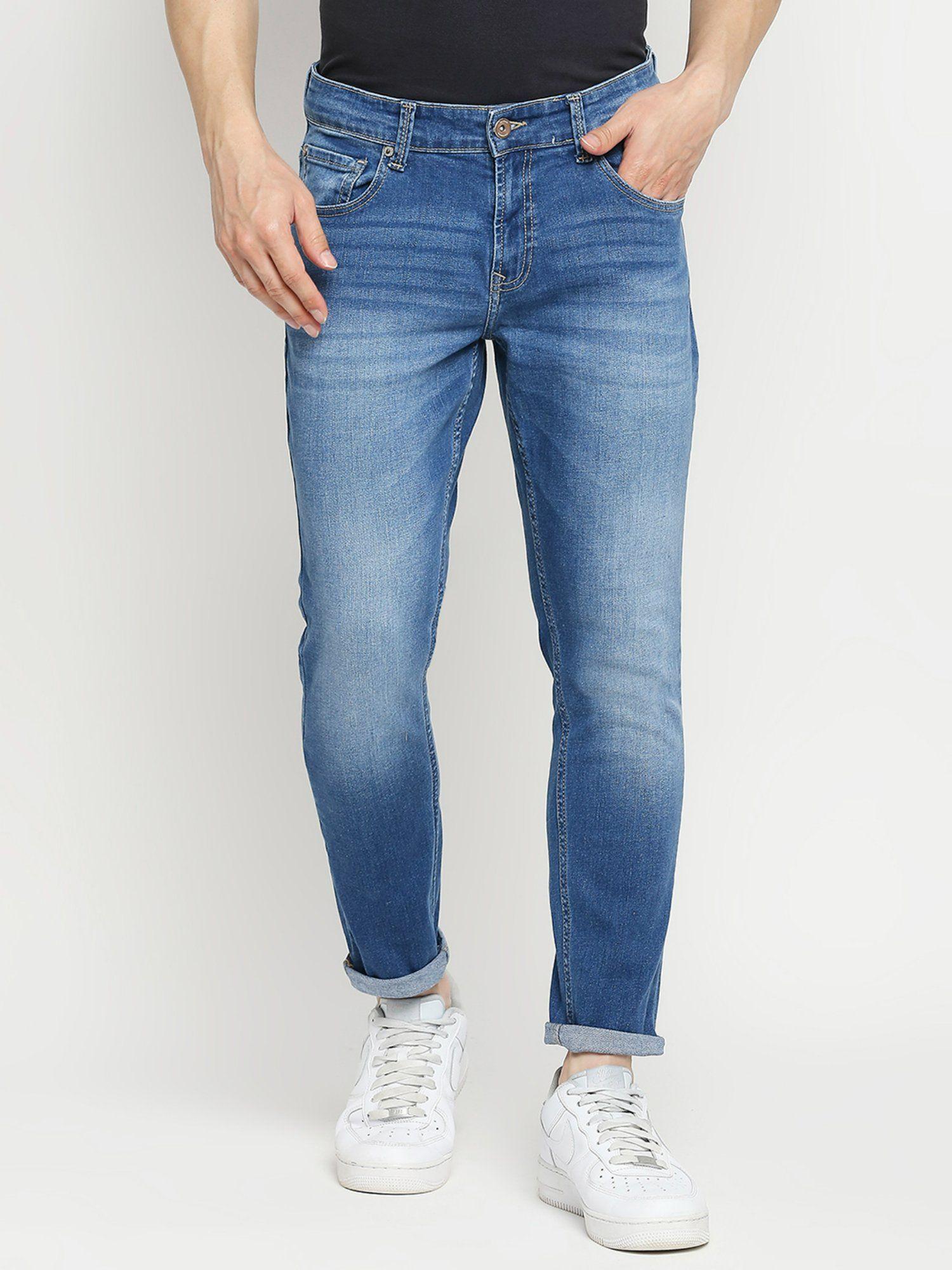Men Mid Blue Cotton Slim Fit Tapered Length Jeans (kano)