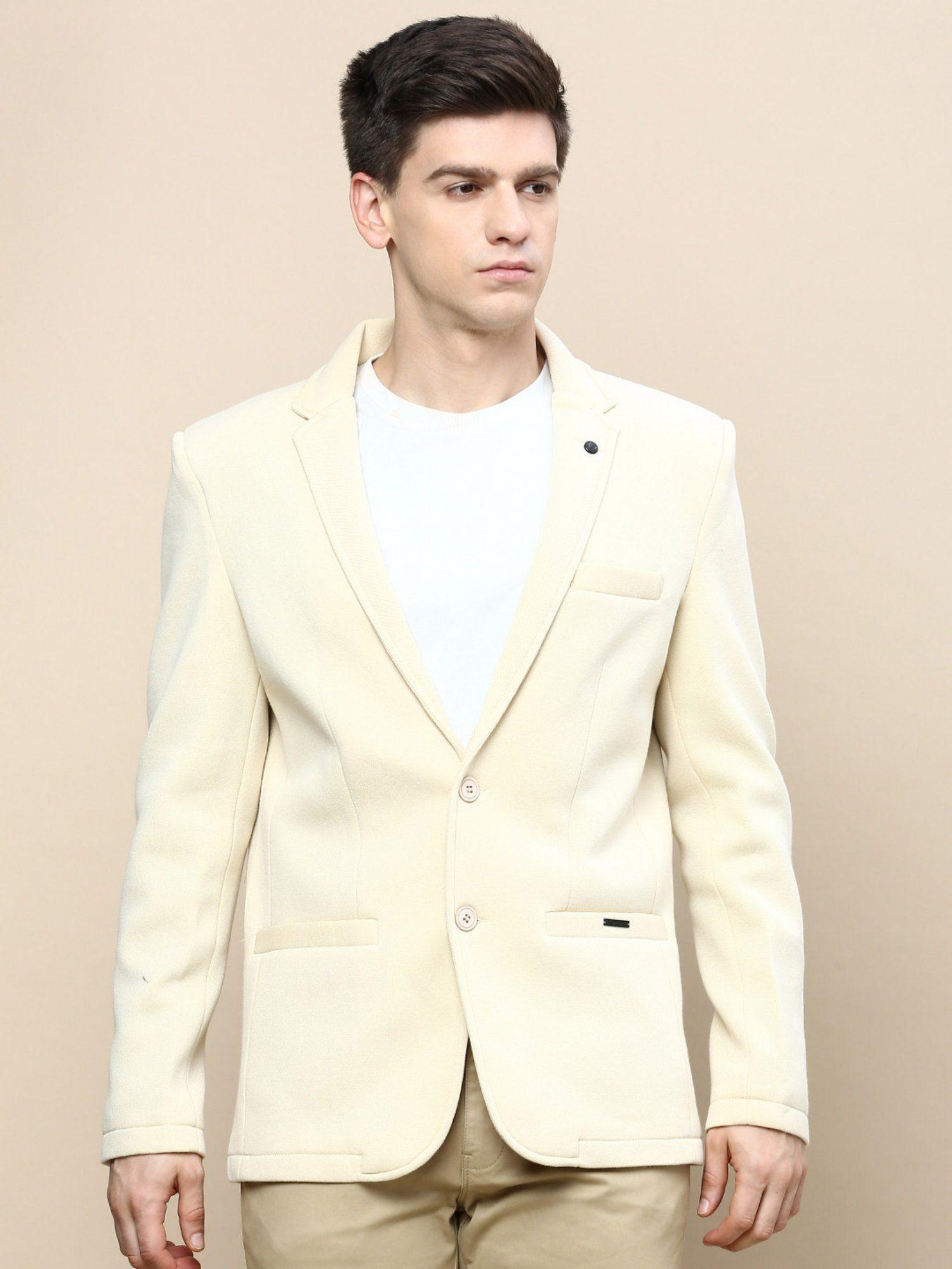 Men Notched Lapel Solid Cream Single Breasted Blazer