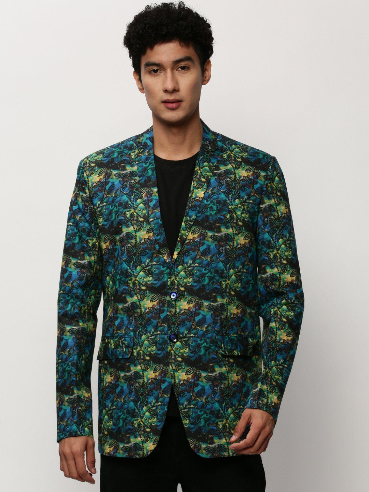 Men Notched Lapel Printed Blue Single Breasted Blazer