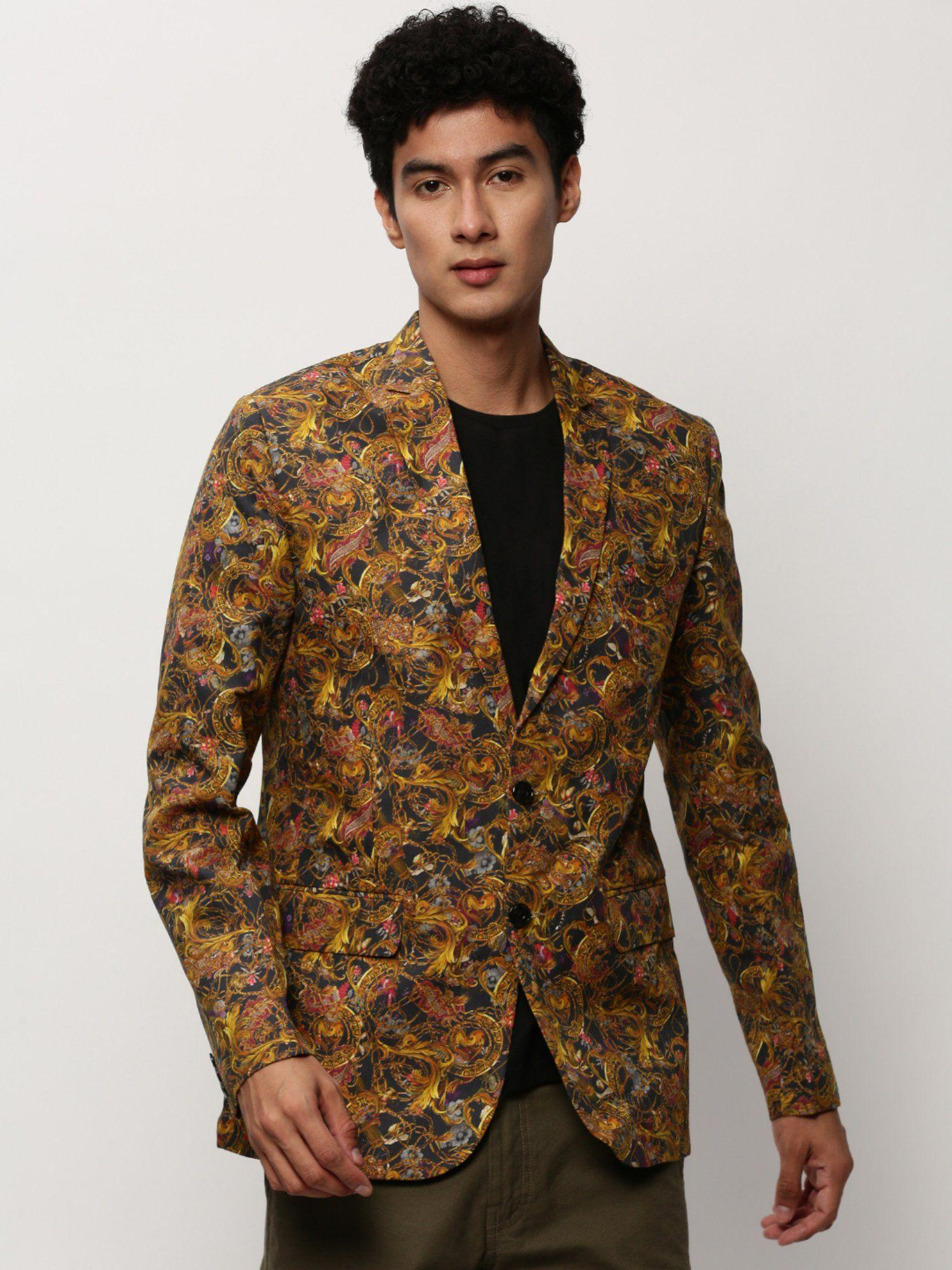 Men Notched Lapel Printed Mustard Single Breasted Blazer