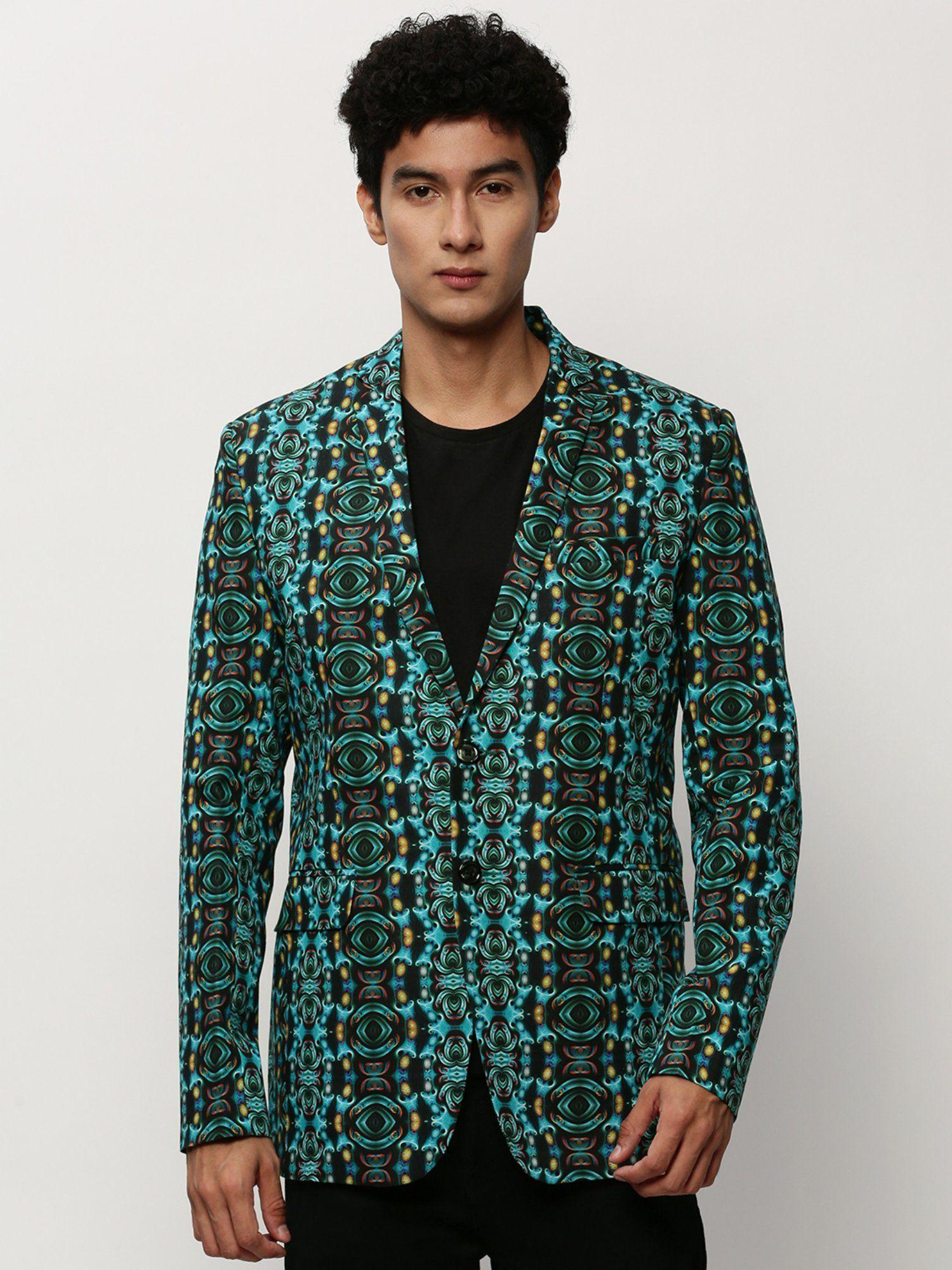 Men Notched Lapel Printed Turquoise Blue Single Breasted Blazer