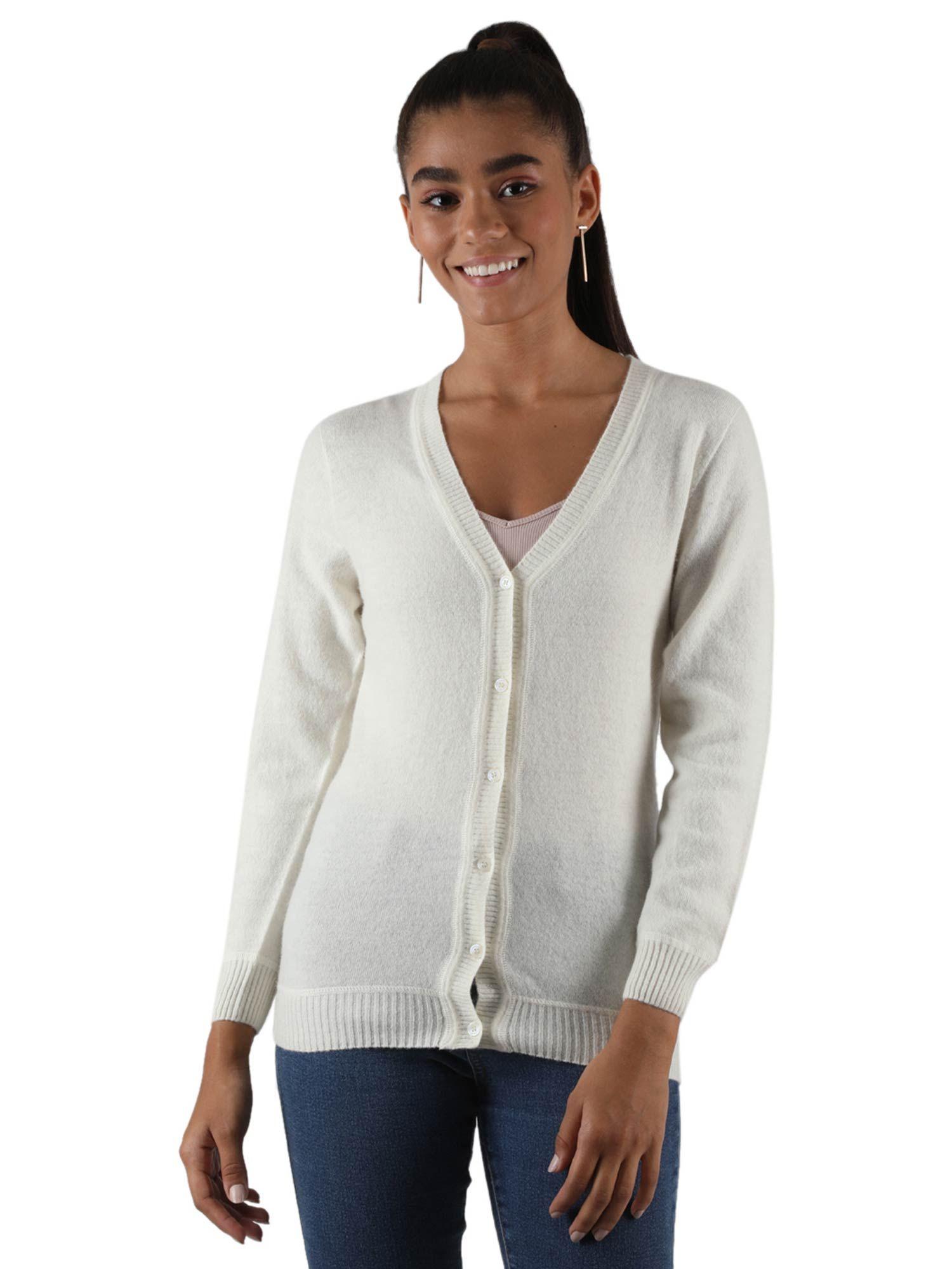 Womens Lambs Wool White Solid V Neck Cardigan