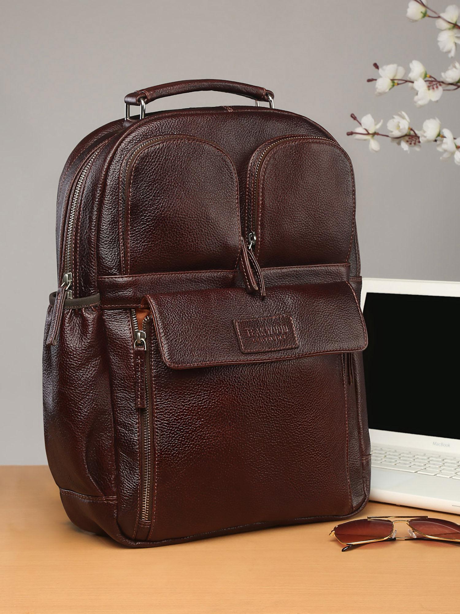 Unisex Genuine Leather Dark Brown Textured Backpack